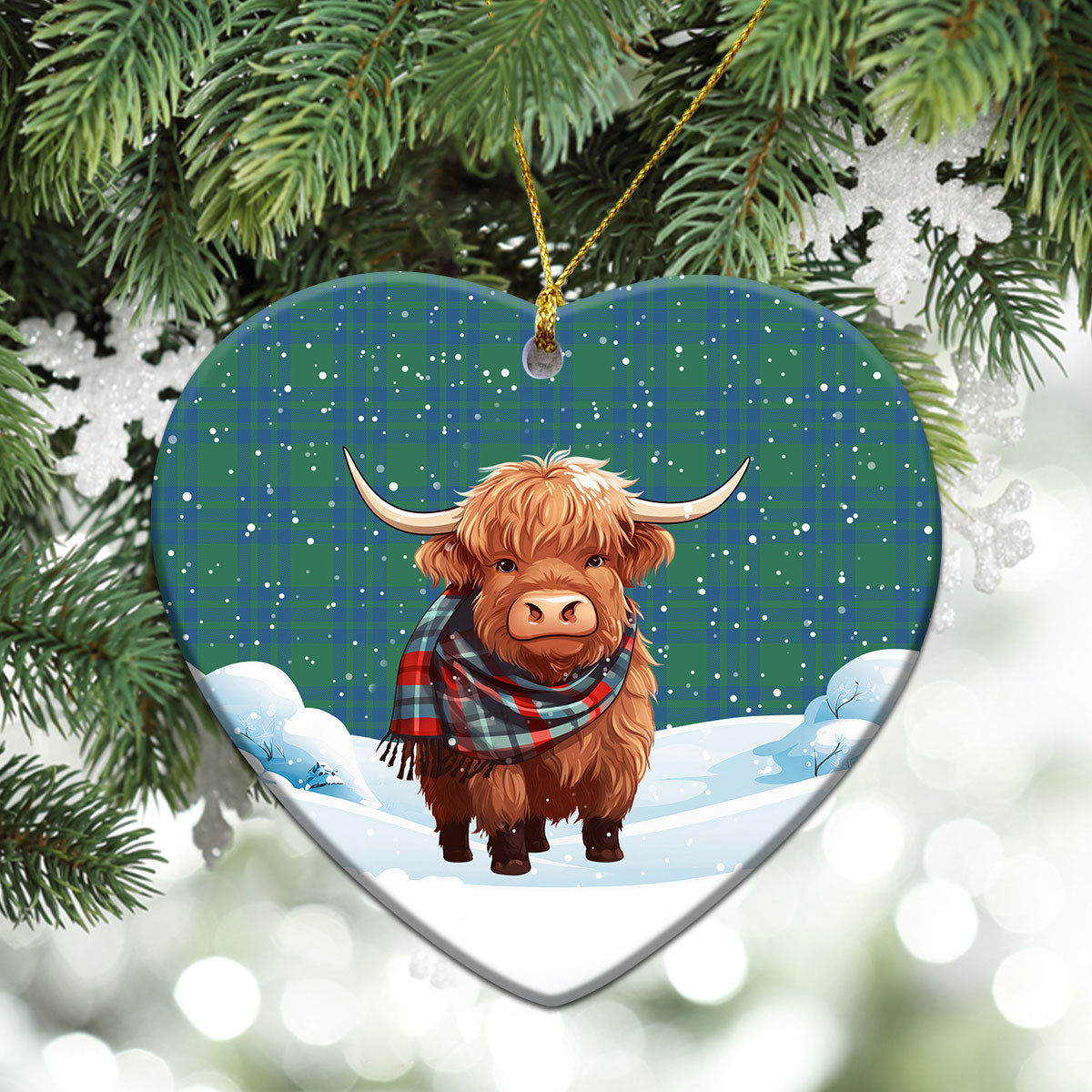 Montgomery Ancient Tartan Christmas Ceramic Ornament - Highland Cows Snow Style
