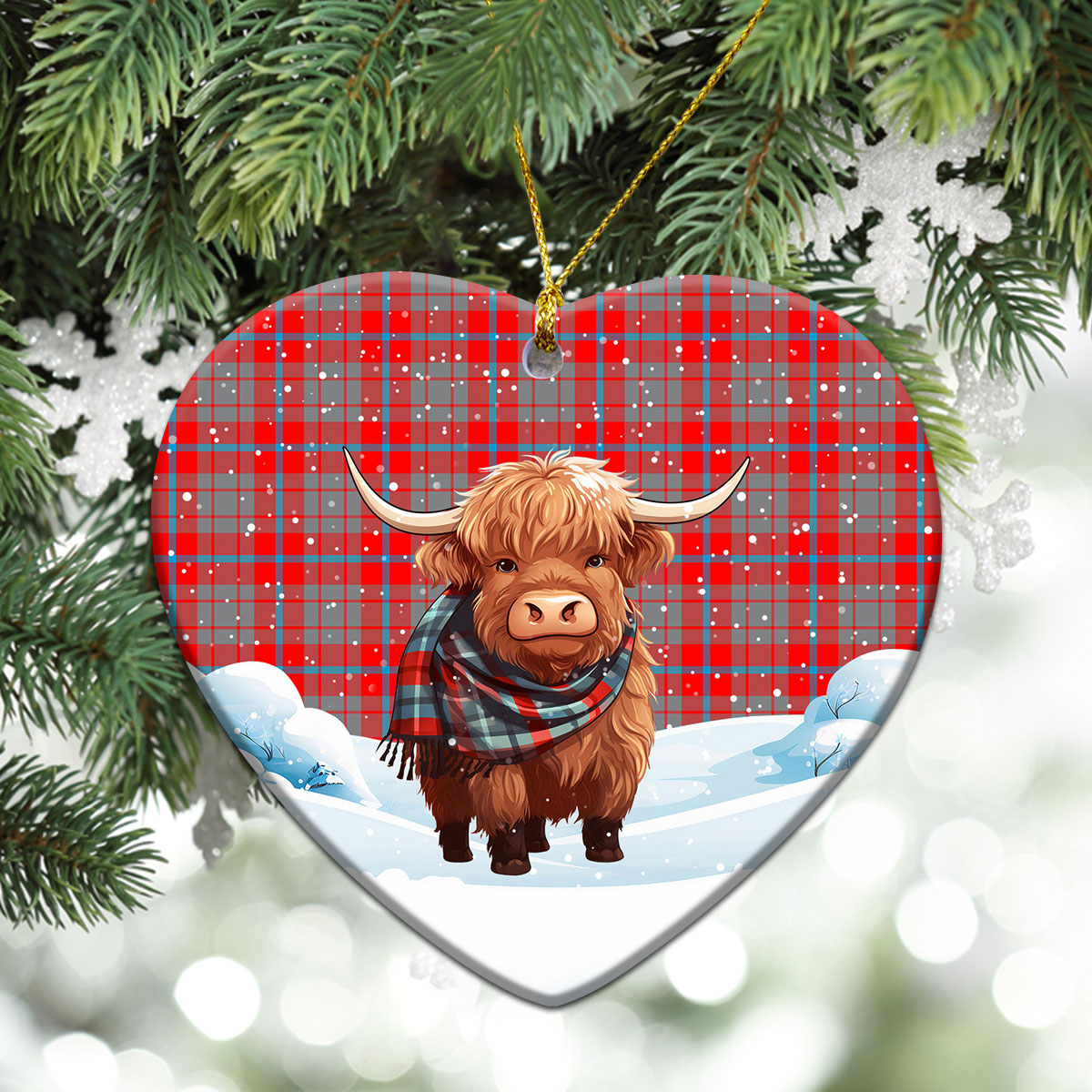 Moubray Tartan Christmas Ceramic Ornament - Highland Cows Snow Style