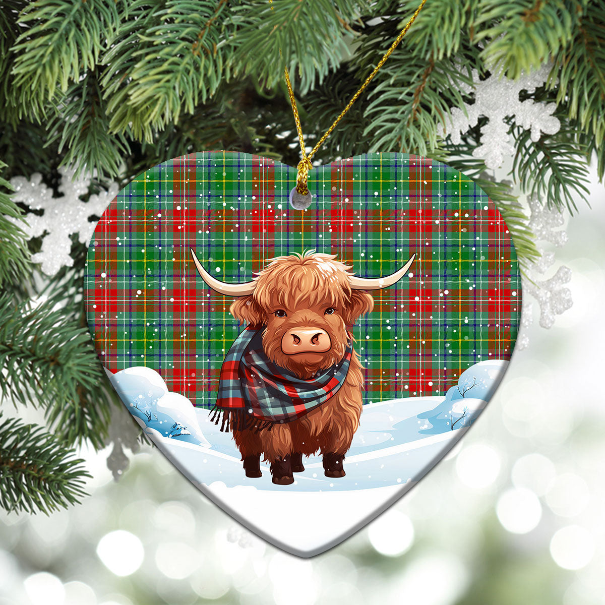 Muirhead Tartan Christmas Ceramic Ornament - Highland Cows Snow Style