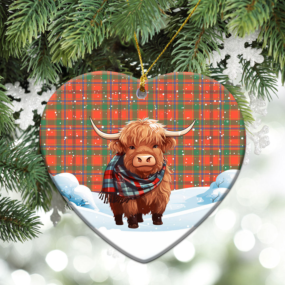 Munro Ancient Tartan Christmas Ceramic Ornament - Highland Cows Snow Style