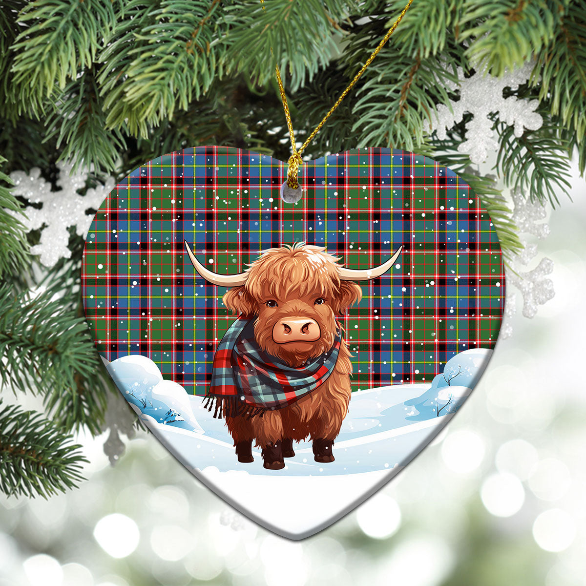 Norvel (or Norvill) Tartan Christmas Ceramic Ornament - Highland Cows Snow Style