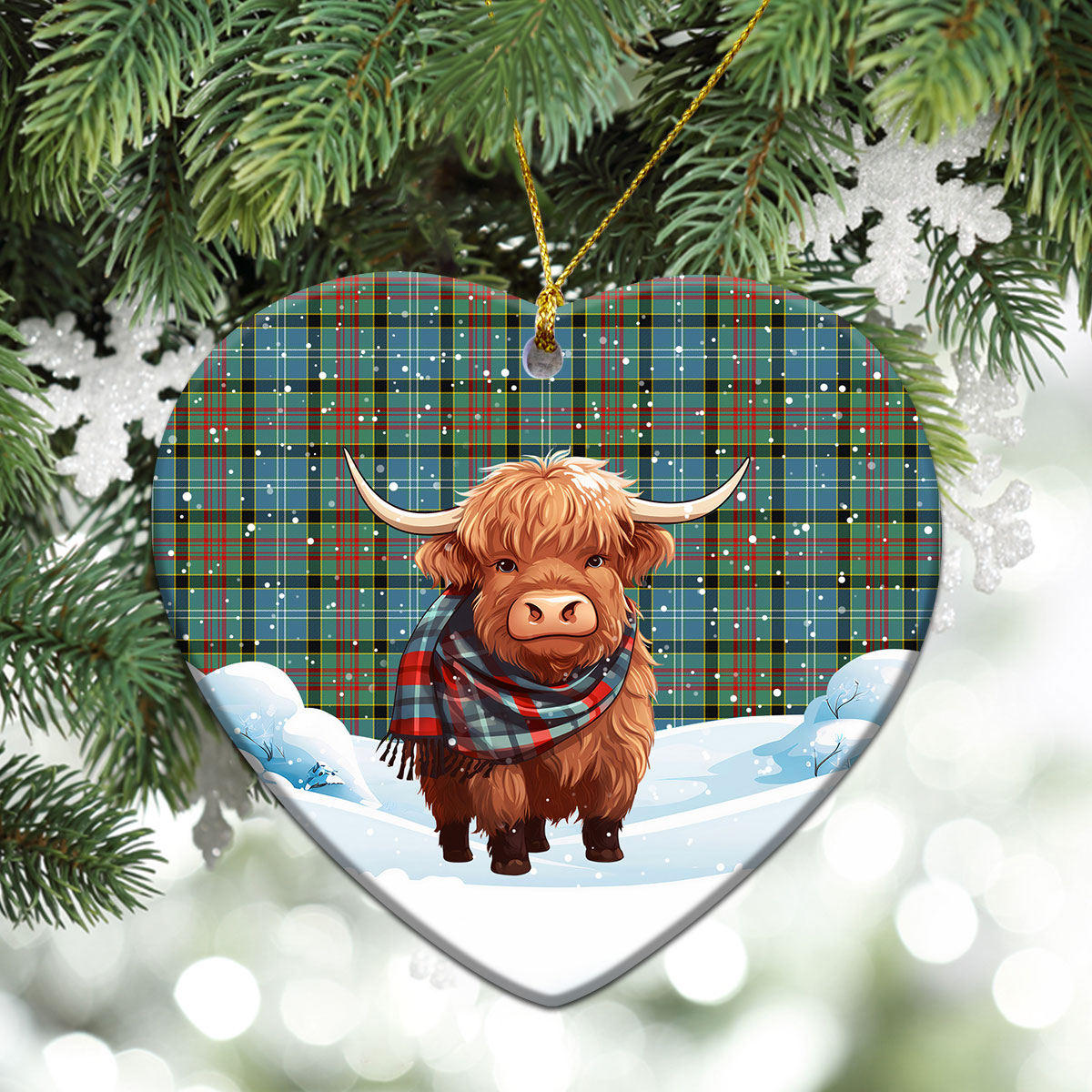 Porterfield Tartan Christmas Ceramic Ornament - Highland Cows Snow Style