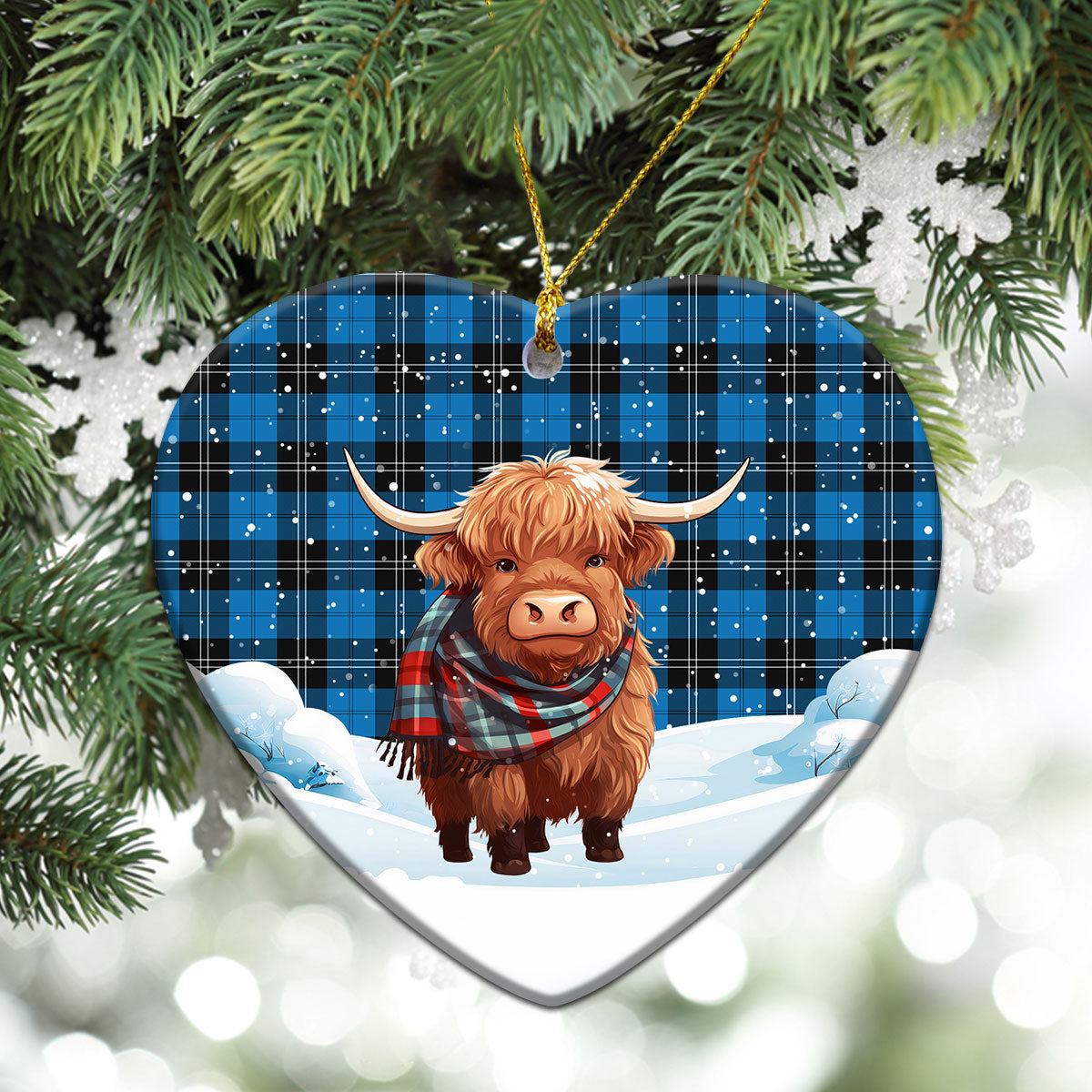 Ramsay Blue Ancient Tartan Christmas Ceramic Ornament - Highland Cows Snow Style