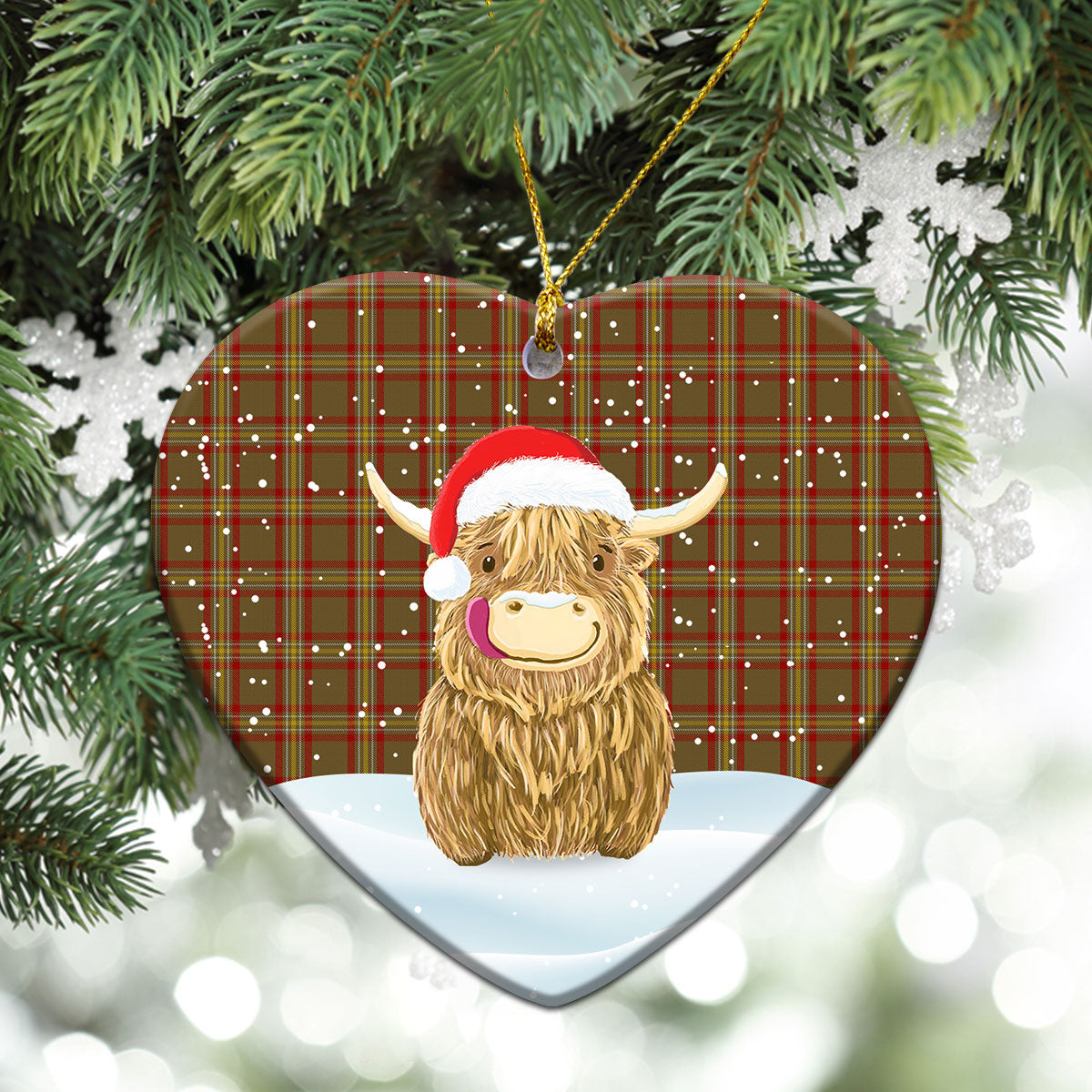 Reid Ancient Tartan Christmas Ceramic Ornament - Highland Cows Style