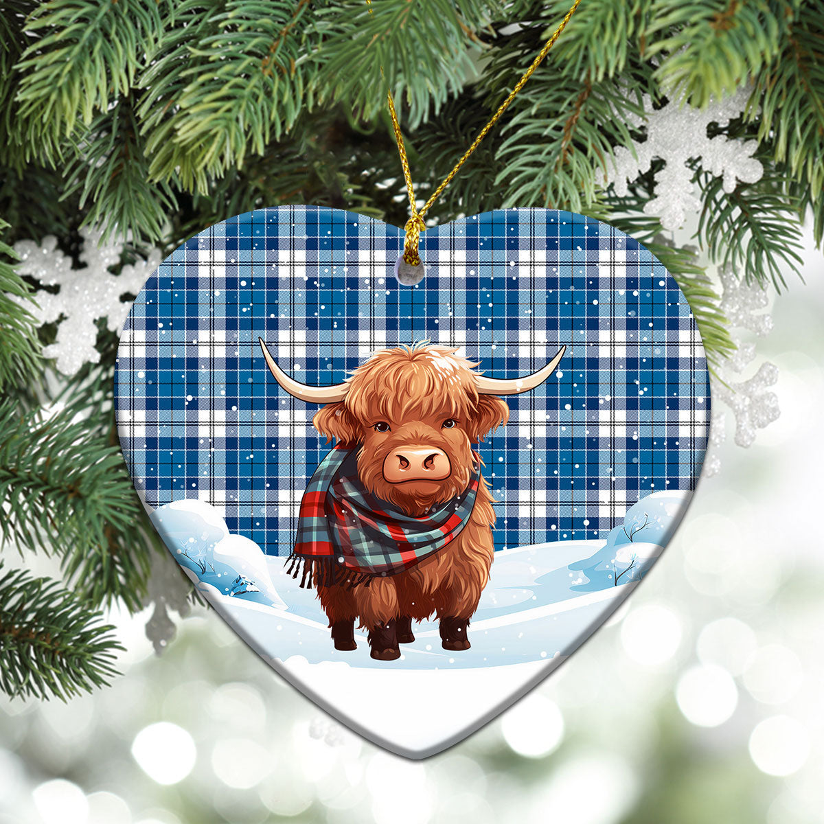 Roberton Tartan Christmas Ceramic Ornament - Highland Cows Snow Style
