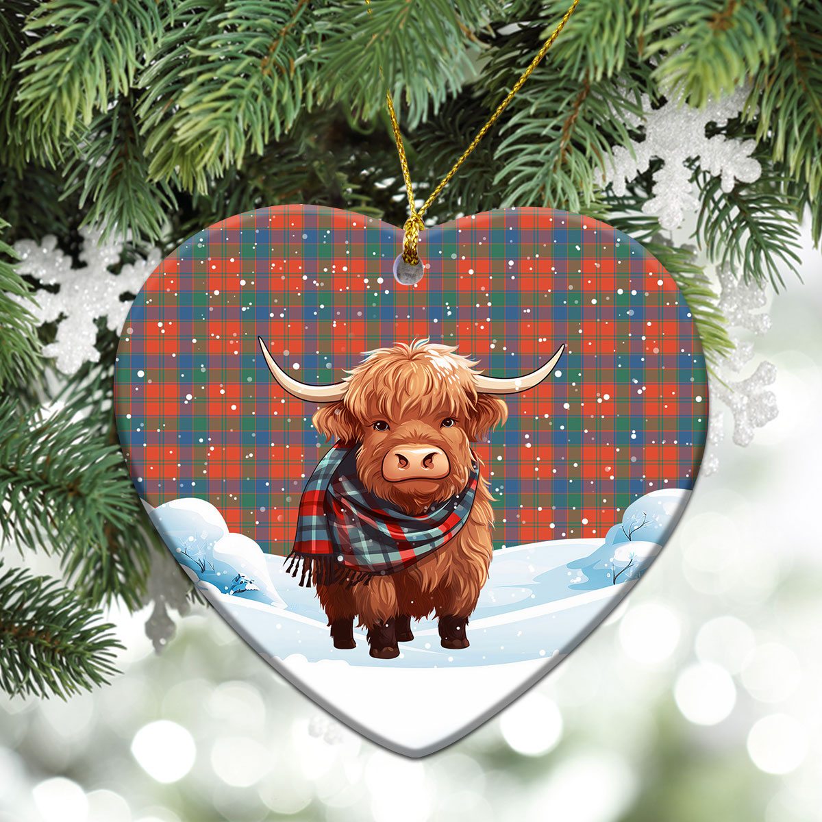 Robertson Ancient Tartan Christmas Ceramic Ornament - Highland Cows Snow Style