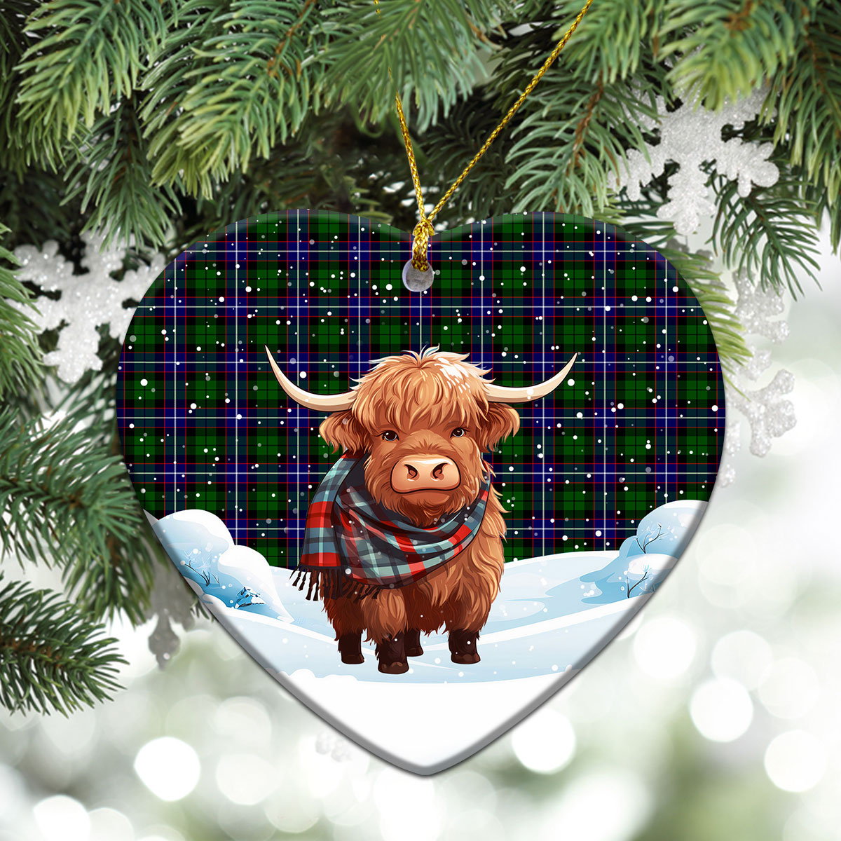 Russell Modern Tartan Christmas Ceramic Ornament - Highland Cows Snow Style