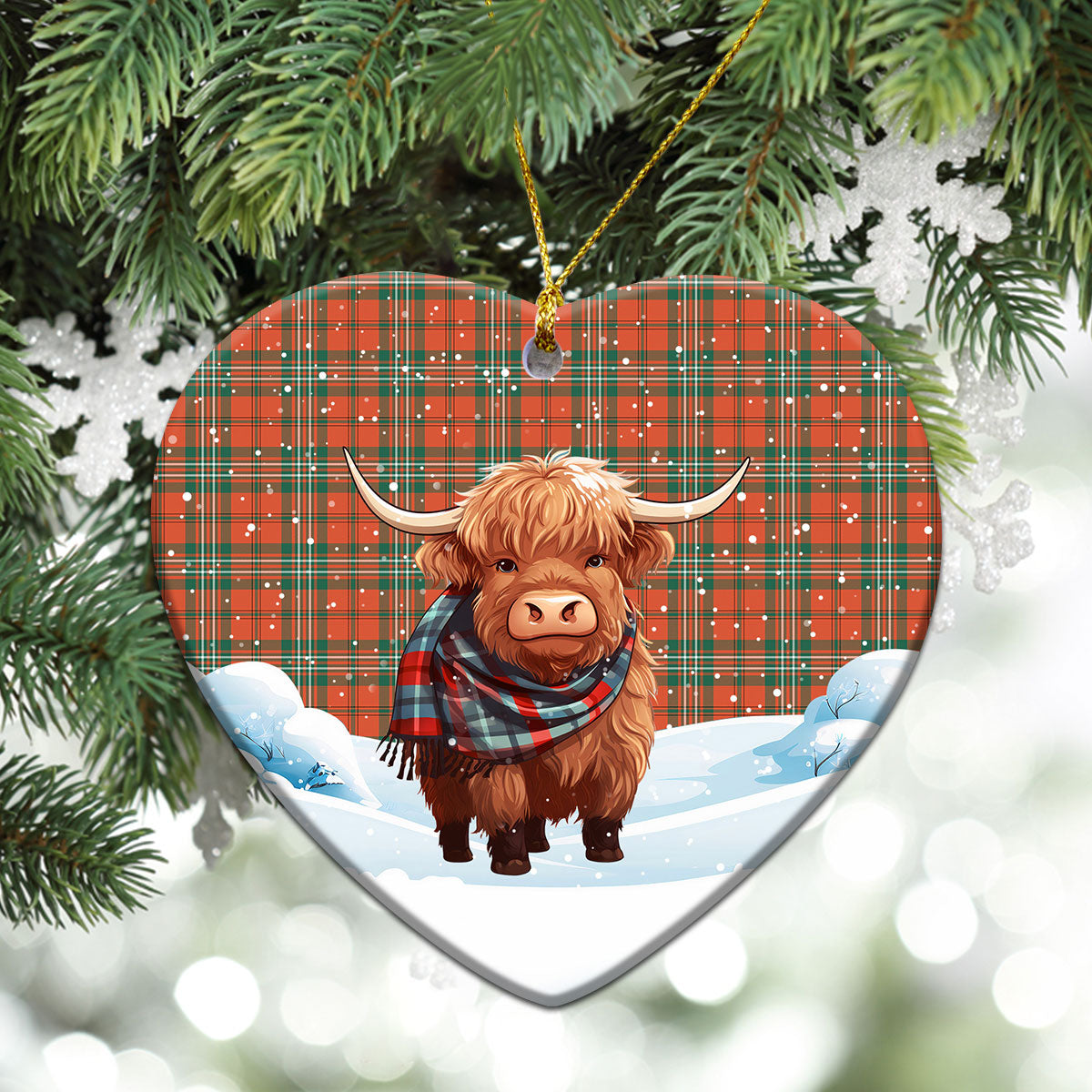 Scott Ancient Tartan Christmas Ceramic Ornament - Highland Cows Snow Style