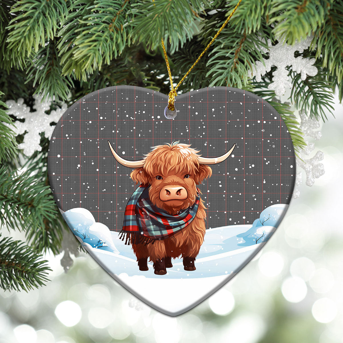 Shepherd Tartan Christmas Ceramic Ornament - Highland Cows Snow Style