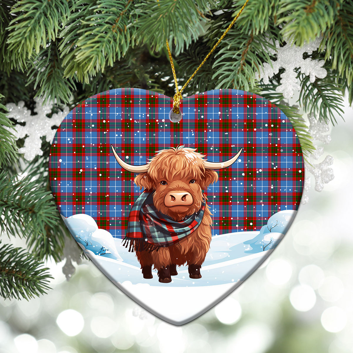 Skirving Tartan Christmas Ceramic Ornament - Highland Cows Snow Style