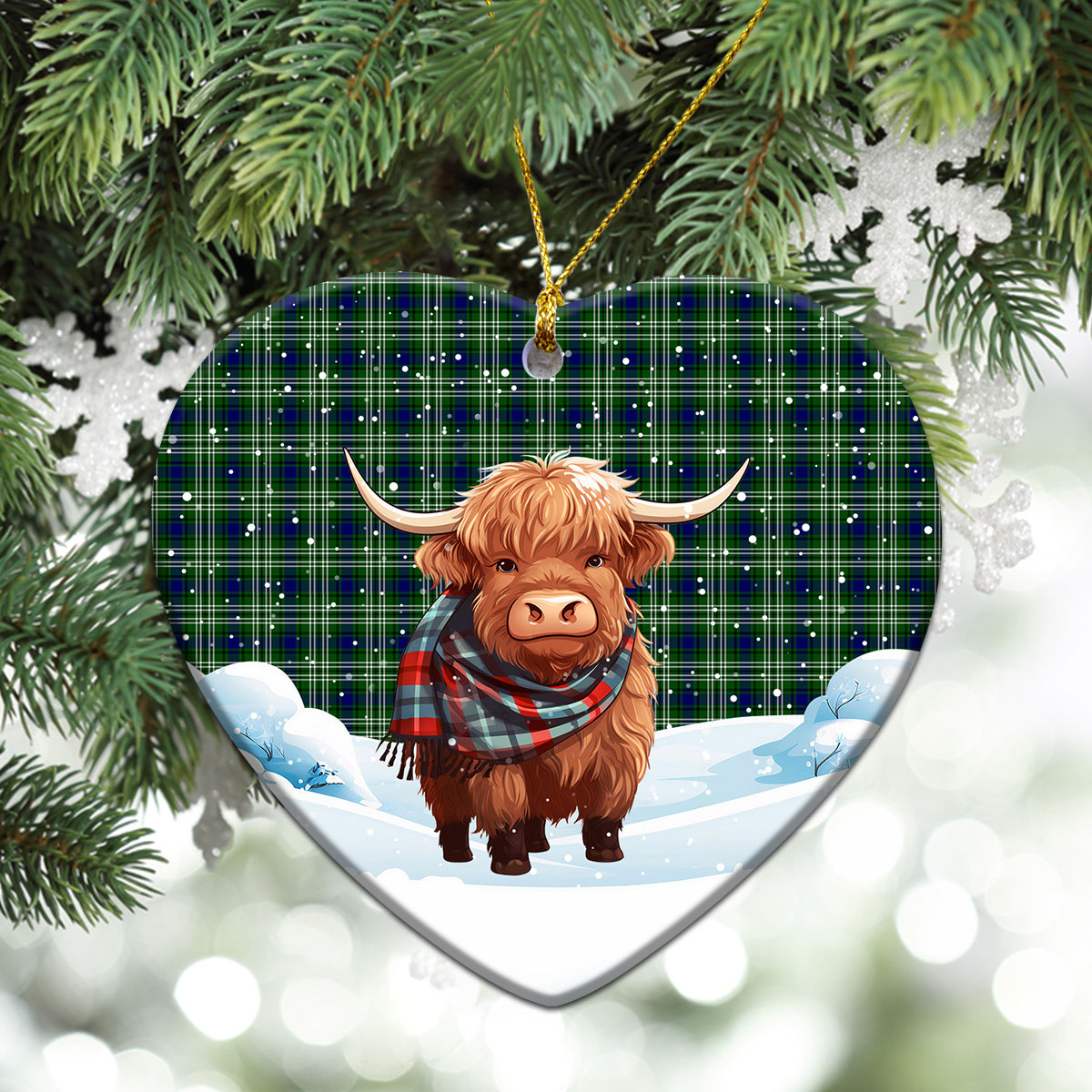 Spottiswood Tartan Christmas Ceramic Ornament - Highland Cows Snow Style