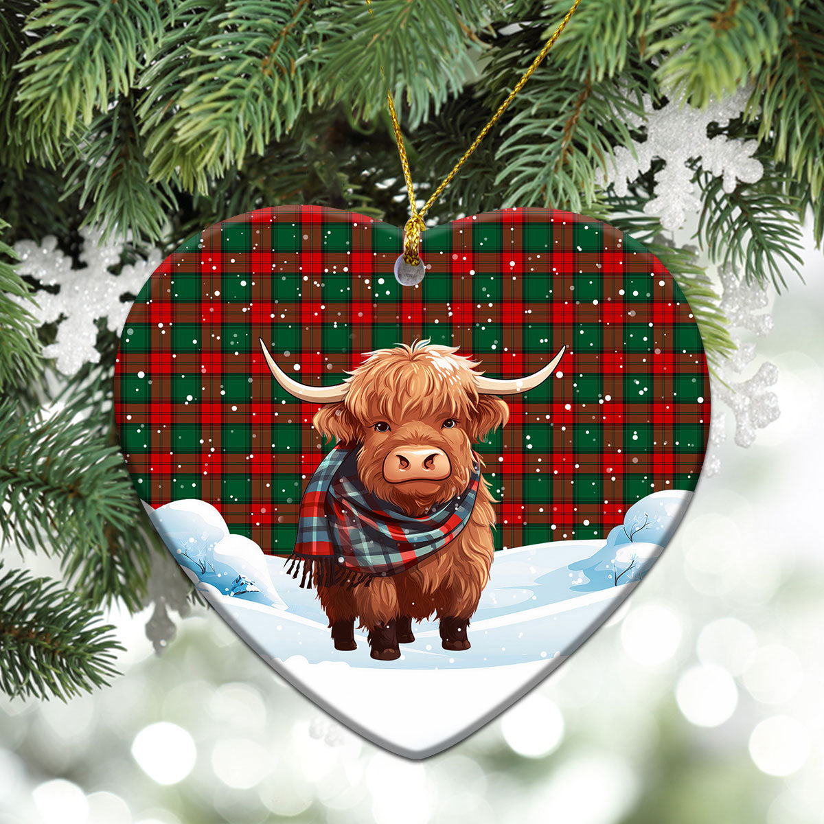 Stewart Atholl Modern Tartan Christmas Ceramic Ornament - Highland Cows Snow Style