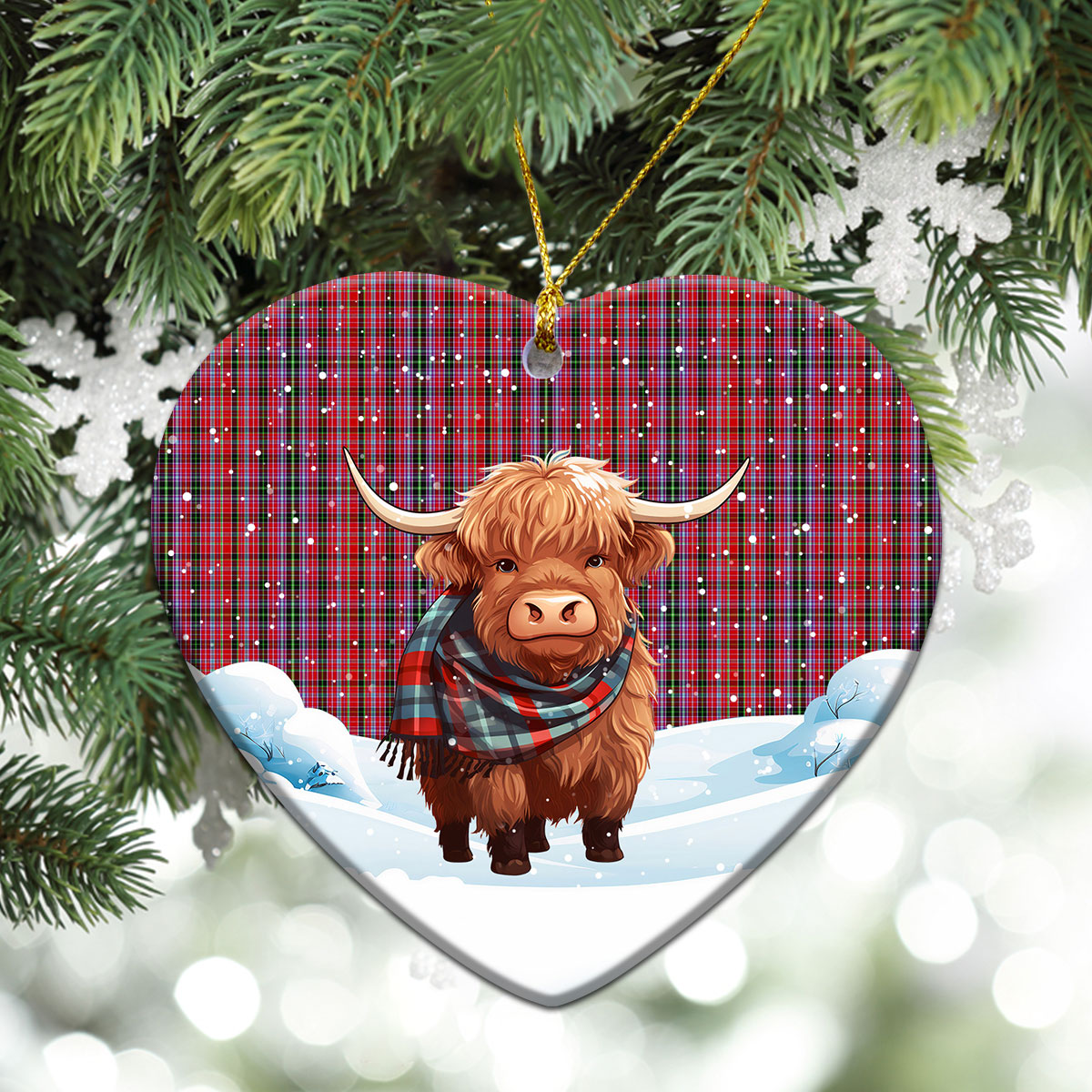 Straiton Tartan Christmas Ceramic Ornament - Highland Cows Snow Style