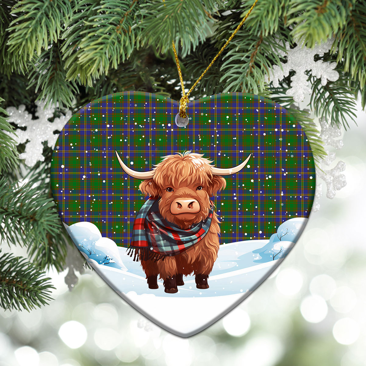 Strang (or Strange) Tartan Christmas Ceramic Ornament - Highland Cows Snow Style