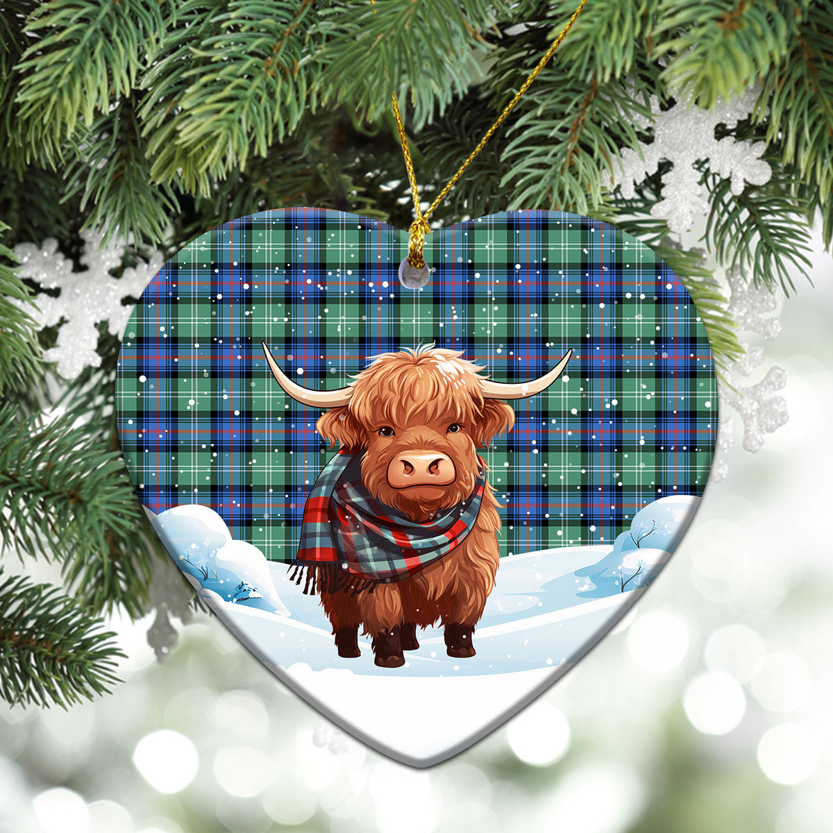 Sutherland Old Ancient Tartan Christmas Ceramic Ornament - Highland Cows Snow Style