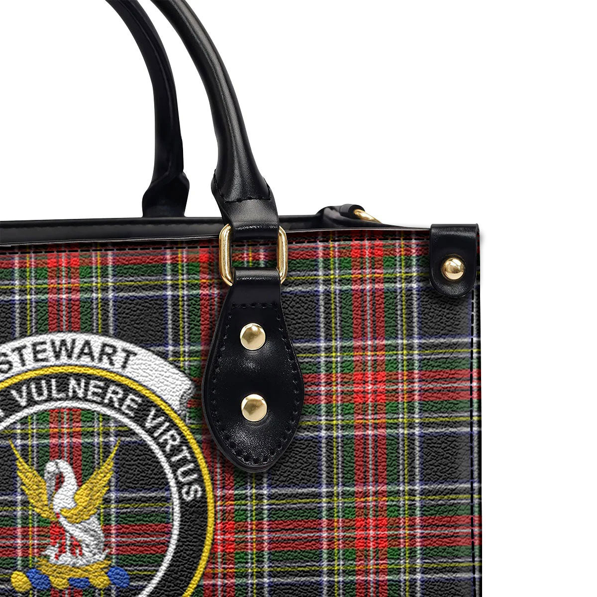 Stewart Black Tartan Crest Leather Handbag