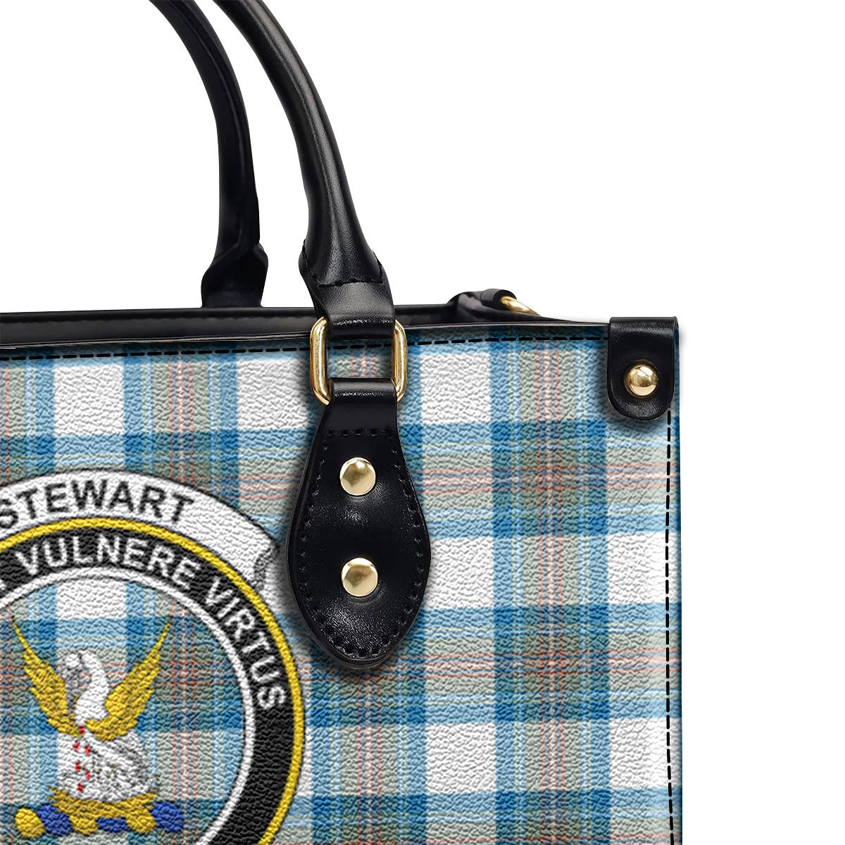 Stewart Muted Blue Tartan Crest Leather Handbag