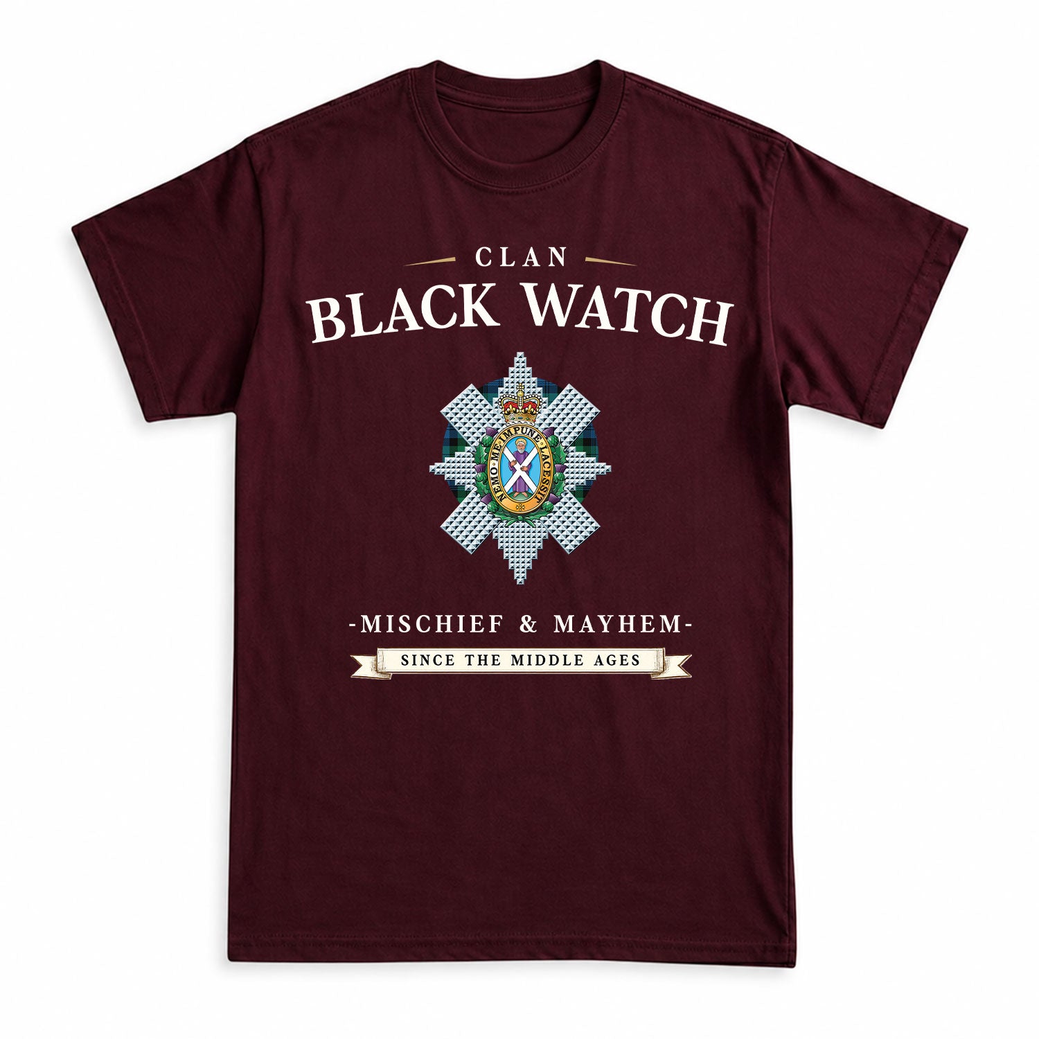 Black Watch Ancient Tartan Crest Mischief and Mayhem T-shirt