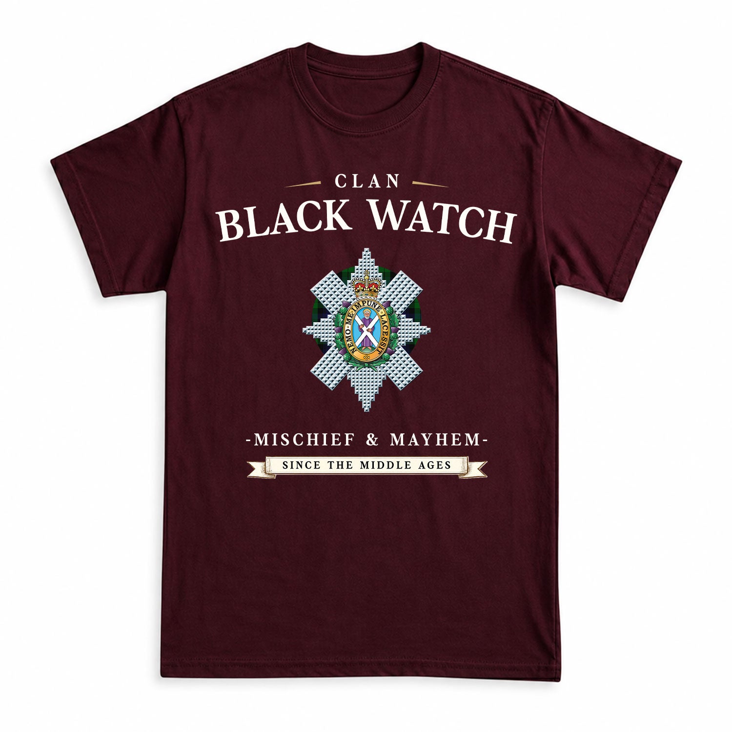 Black Watch Tartan Crest Mischief and Mayhem T-shirt