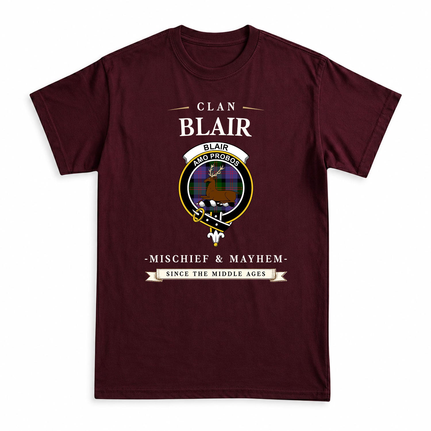 Blair Modern Tartan Crest Mischief and Mayhem T-shirt