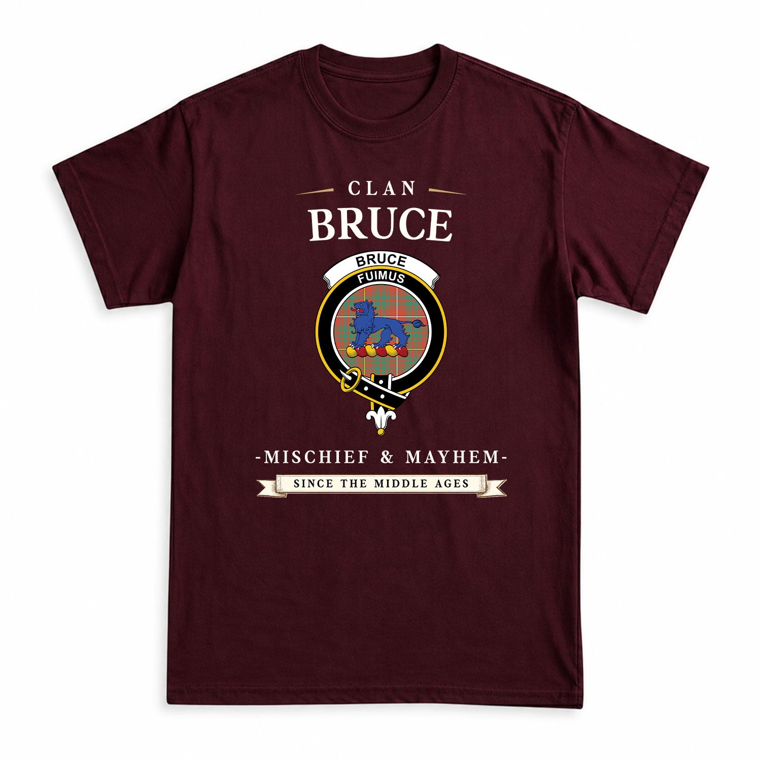 Bruce Ancient Tartan Crest Mischief and Mayhem T-shirt