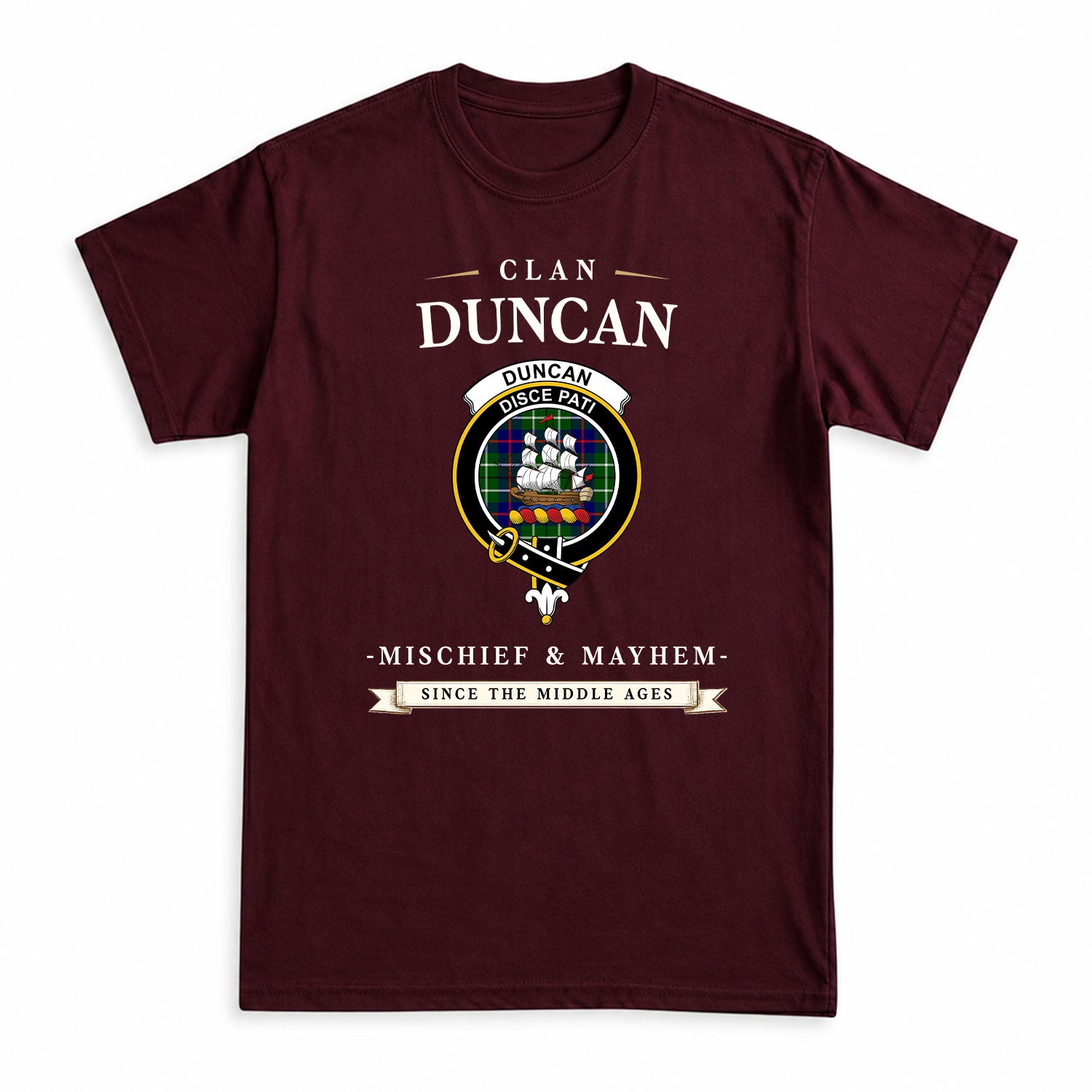 Duncan Modern Tartan Crest Mischief and Mayhem T-shirt