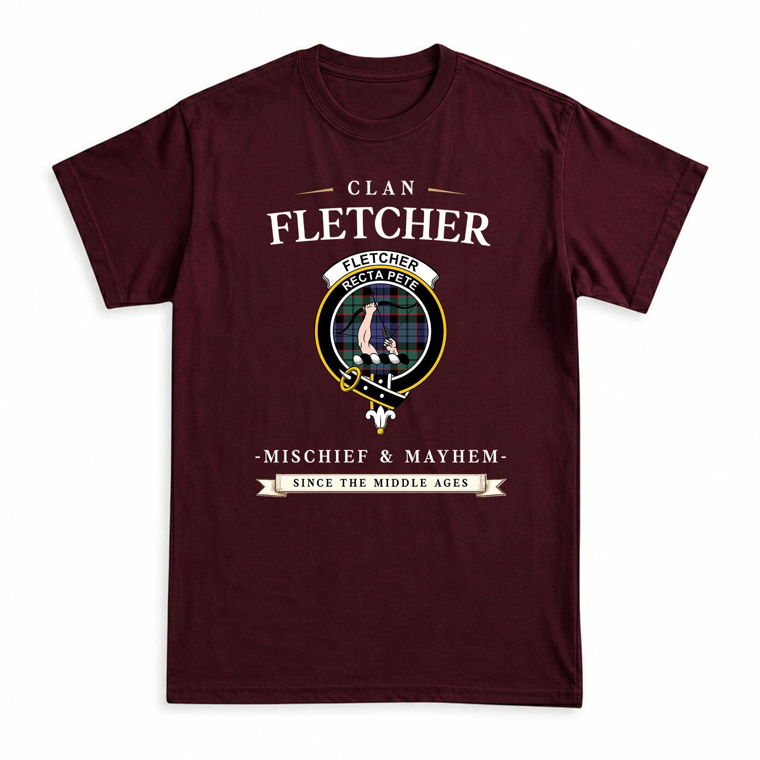 Fletcher Modern Tartan Crest Mischief and Mayhem T-shirt