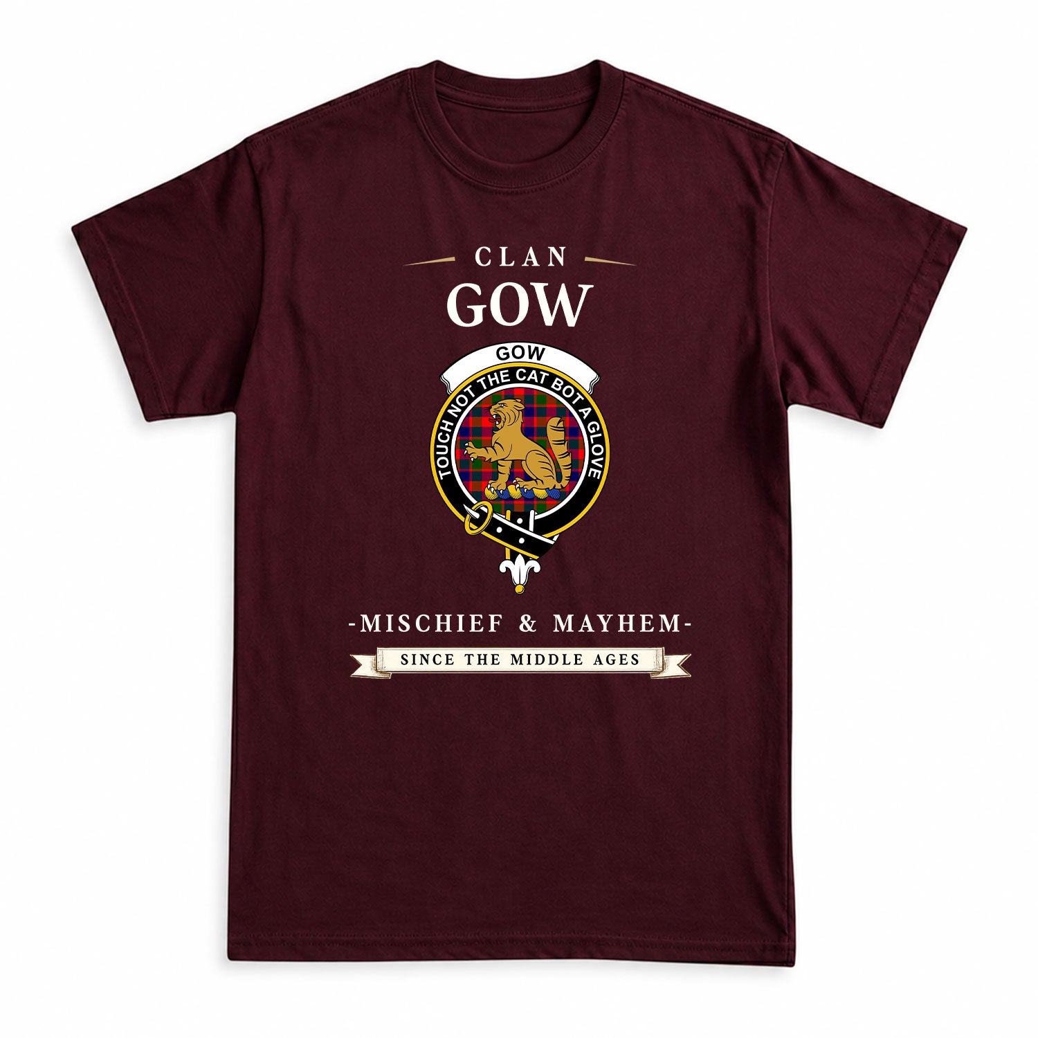Gow (or McGouan) Tartan Crest Mischief and Mayhem T-shirt