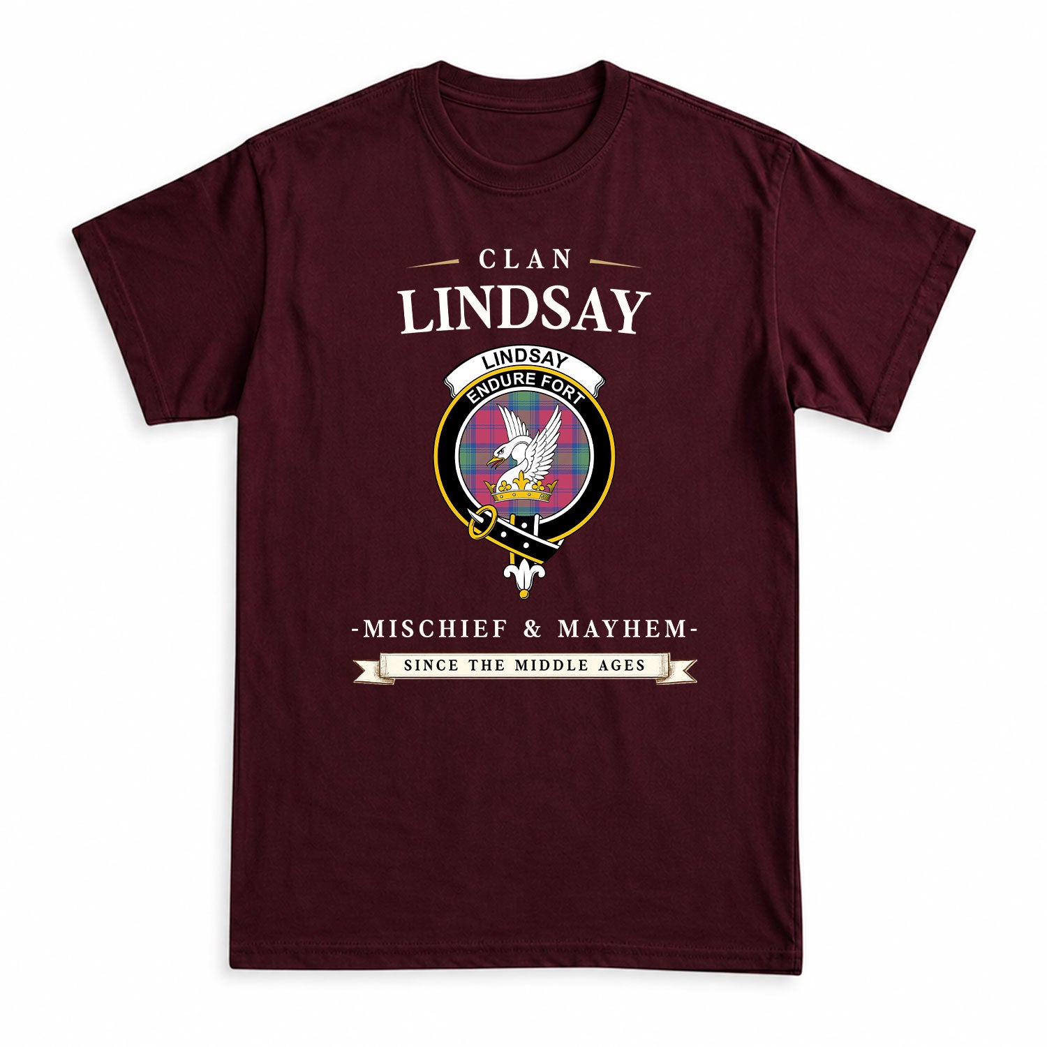 Lindsay Ancient Tartan Crest Mischief and Mayhem T-shirt