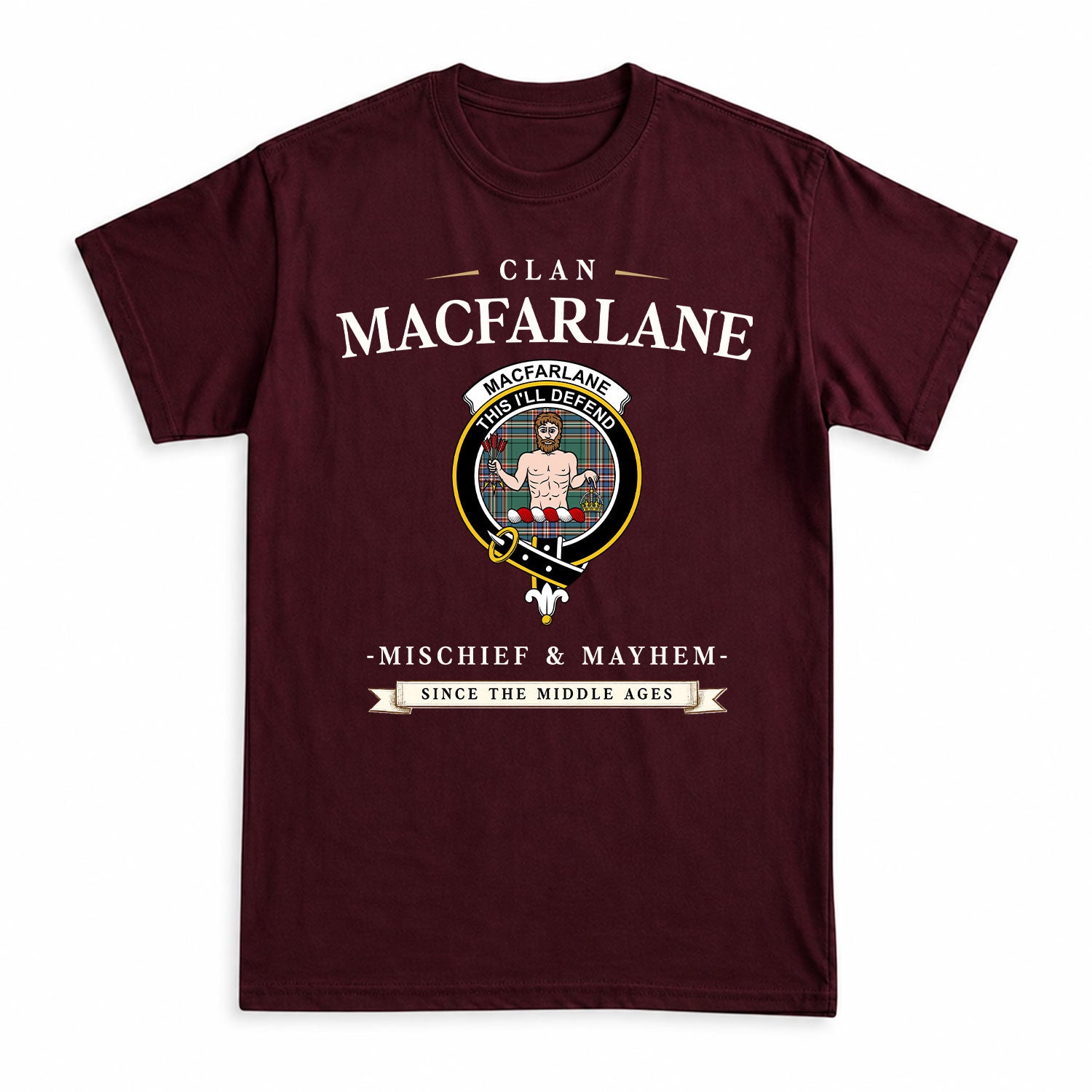 MacFarlane Hunting Ancient Tartan Crest Mischief and Mayhem T-shirt