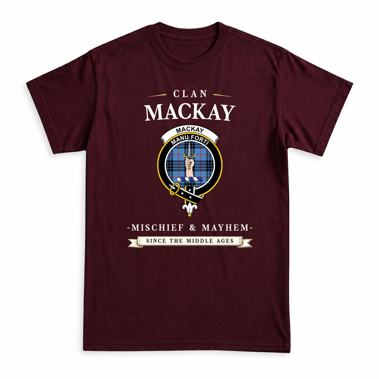 MacKay Blue Tartan Crest Mischief and Mayhem T-shirt