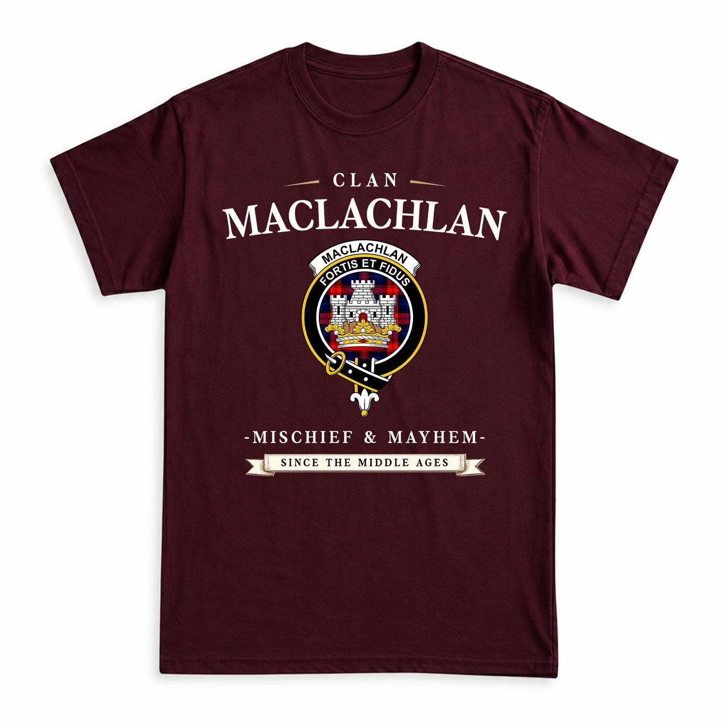 MacLachlan Modern Tartan Crest Mischief and Mayhem T-shirt