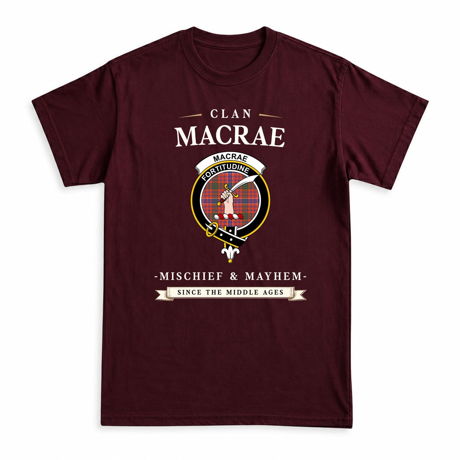 MacRae Ancient Tartan Crest Mischief and Mayhem T-shirt