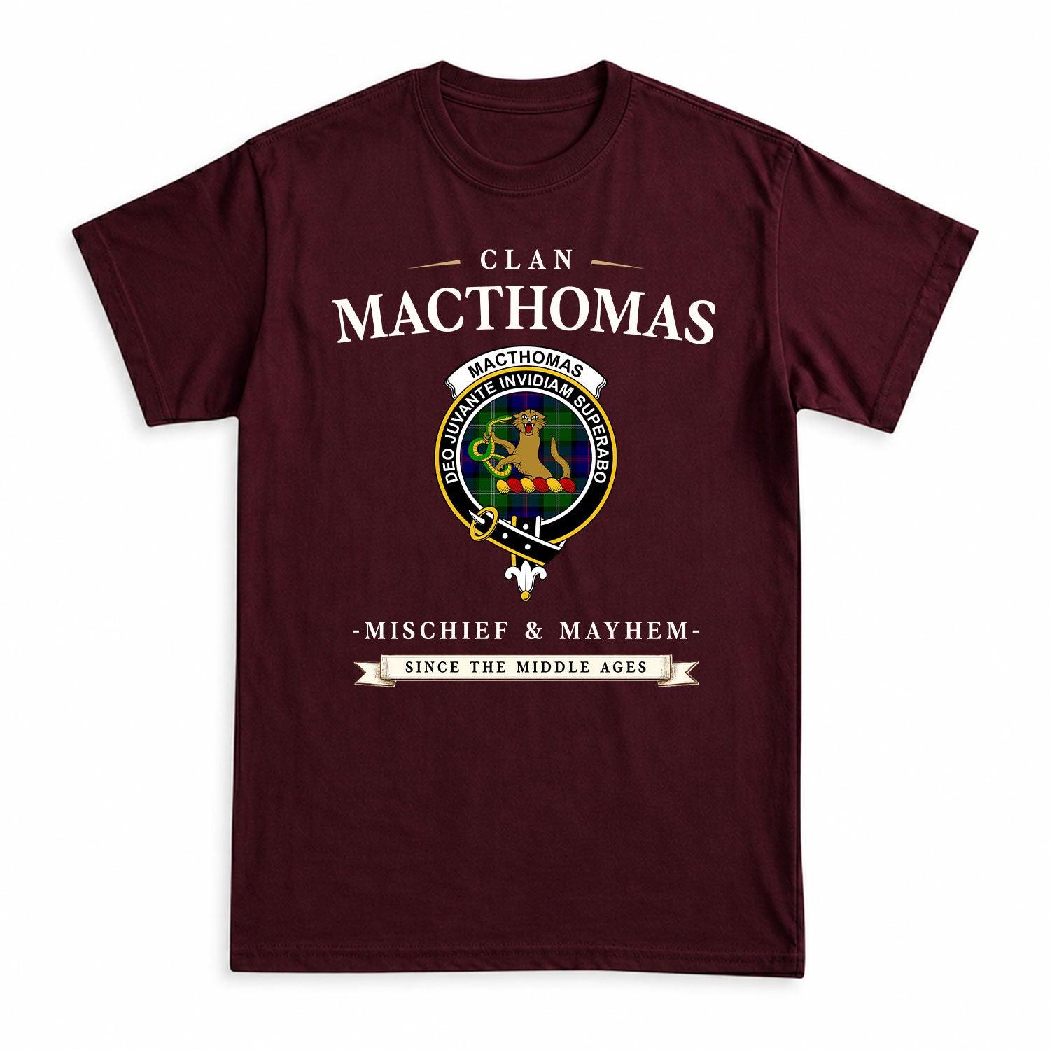 MacThomas Modern Tartan Crest Mischief and Mayhem T-shirt
