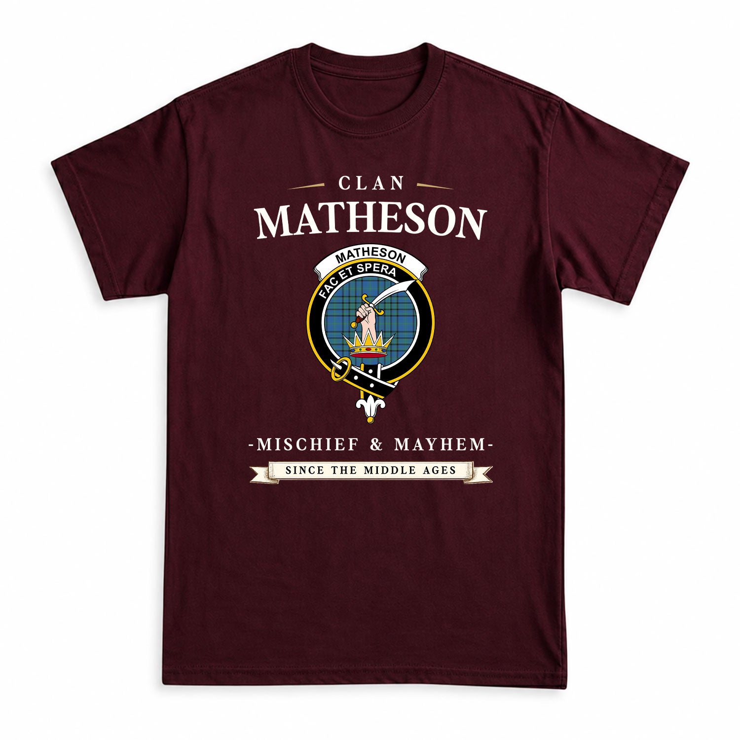 Matheson Hunting Ancient Tartan Crest Mischief and Mayhem T-shirt