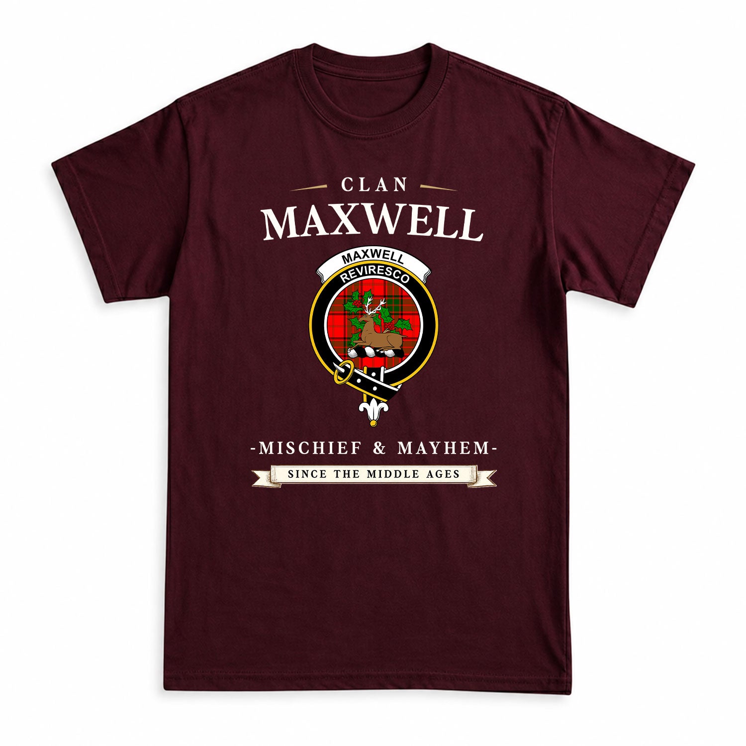 Maxwell Modern Tartan Crest Mischief and Mayhem T-shirt