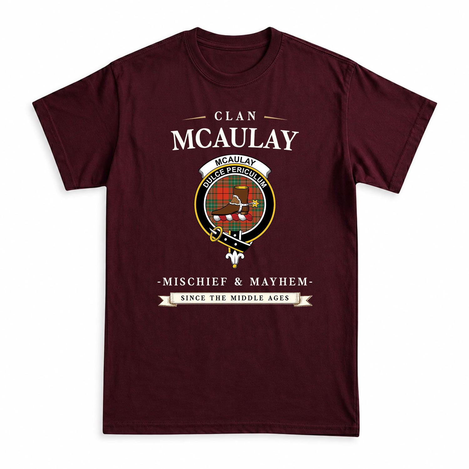 McAulay Ancient Tartan Crest Mischief and Mayhem T-shirt