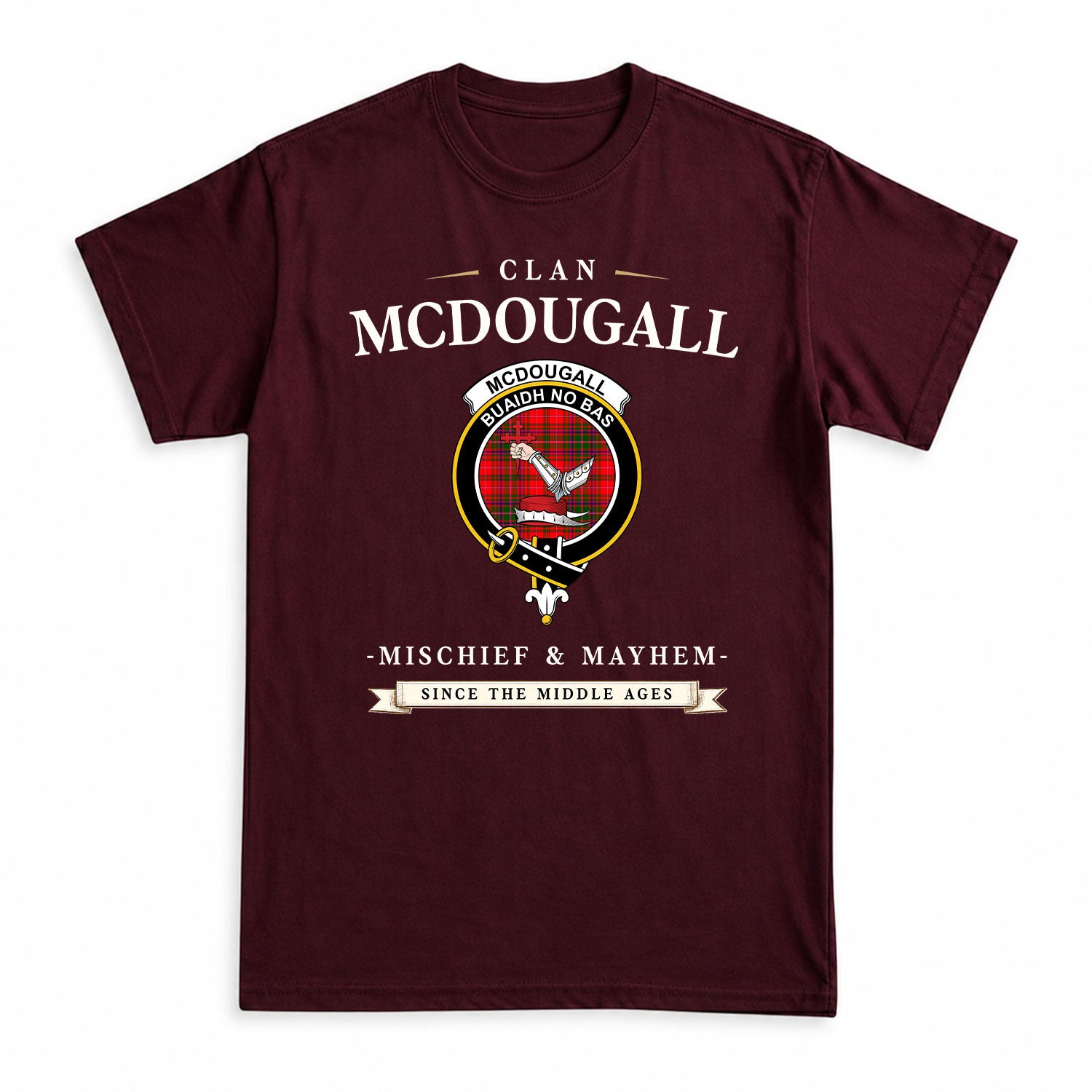 McDougall Modern Tartan Crest Mischief and Mayhem T-shirt