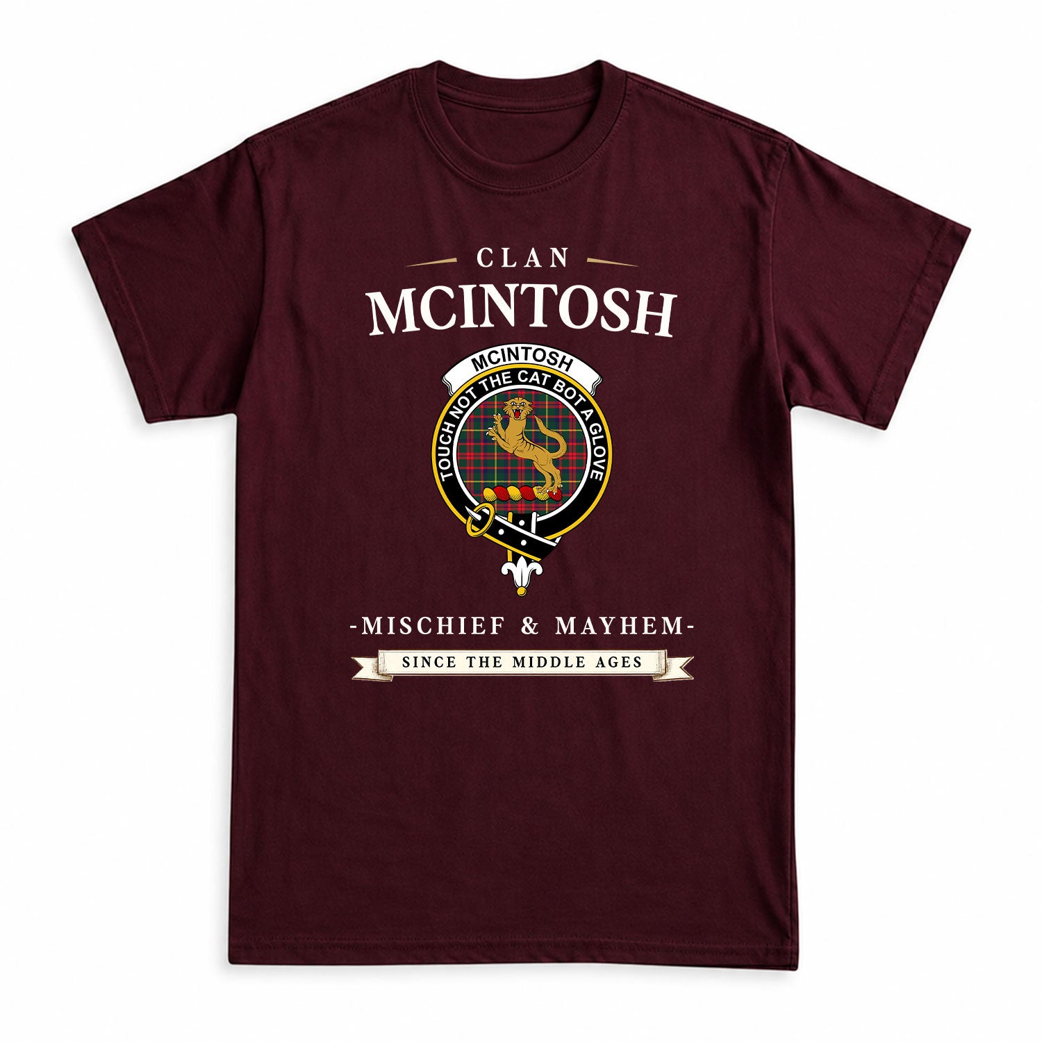 McIntosh Hunting Modern Tartan Crest Mischief and Mayhem T-shirt