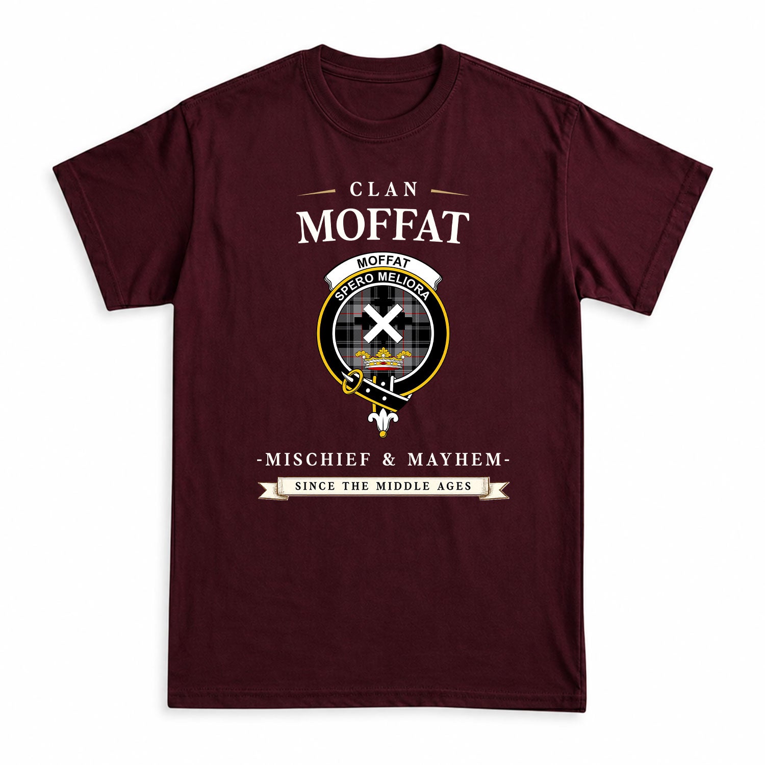 Moffat Modern Tartan Crest Mischief and Mayhem T-shirt