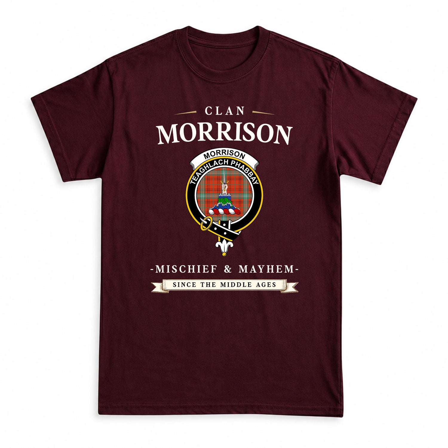 Morrison Red Ancient Tartan Crest Mischief and Mayhem T-shirt