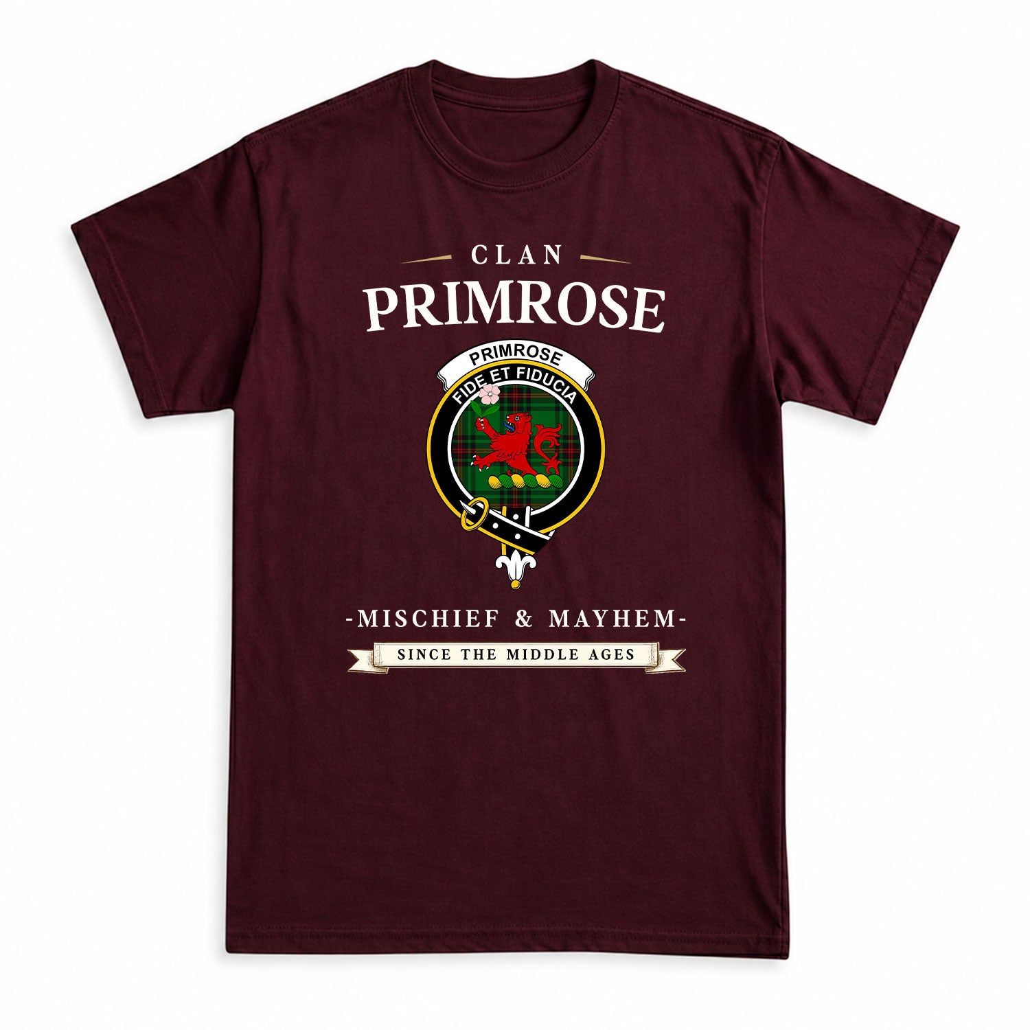 Primrose Tartan Crest Mischief and Mayhem T-shirt
