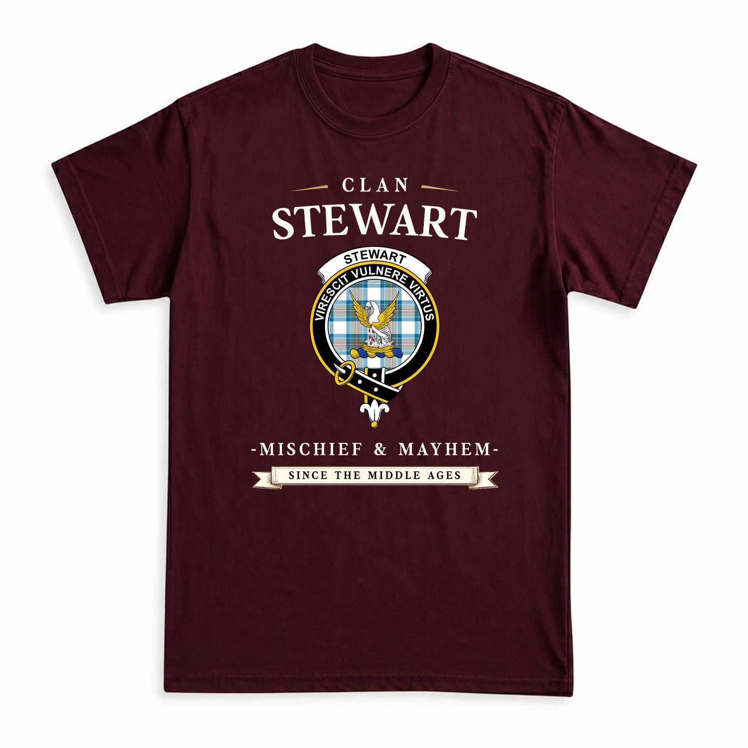 Stewart Muted Blue Tartan Crest Mischief and Mayhem T-shirt