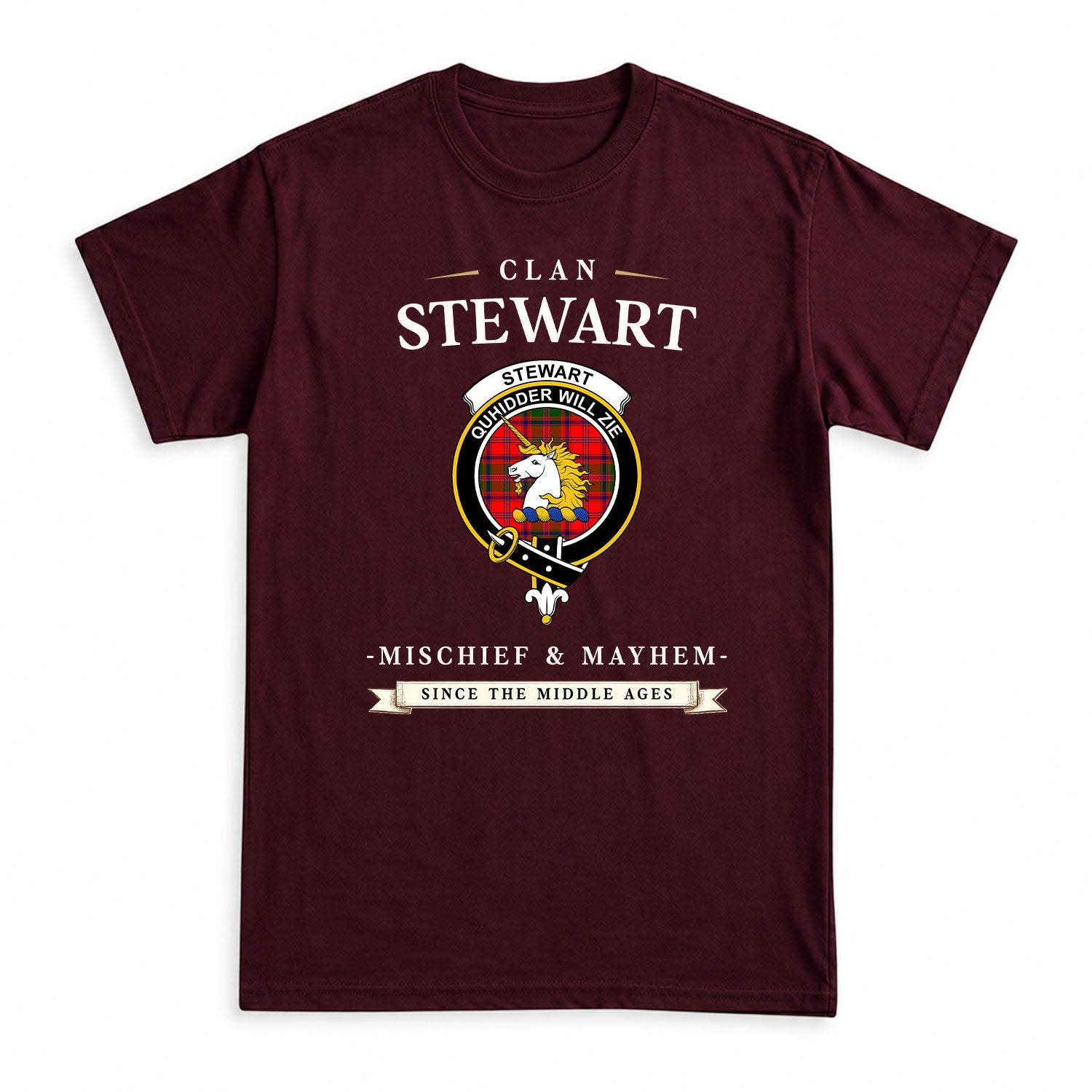 Stewart of Appin Modern Tartan Crest Mischief and Mayhem T-shirt
