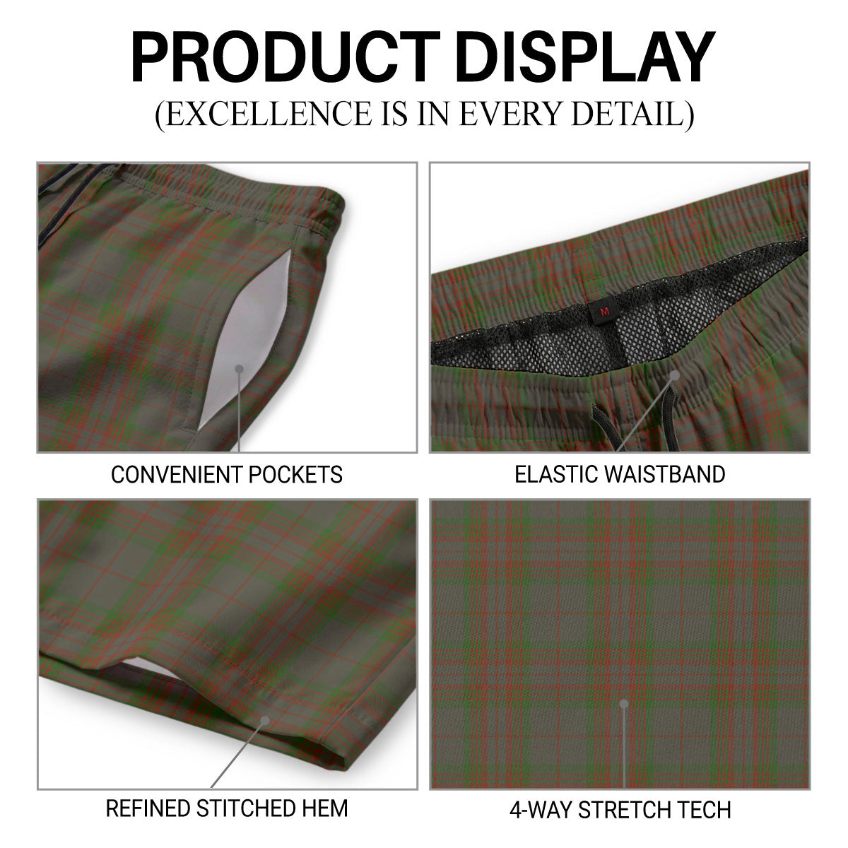 Gray Tartan Crest Men's Beach Shorts