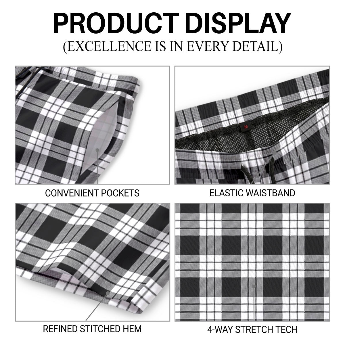McFarlane Black - White Tartan Crest Men's Beach Shorts