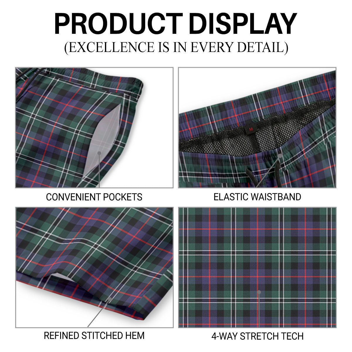 Rose Hunting Modern Tartan Crest Men's Beach Shorts