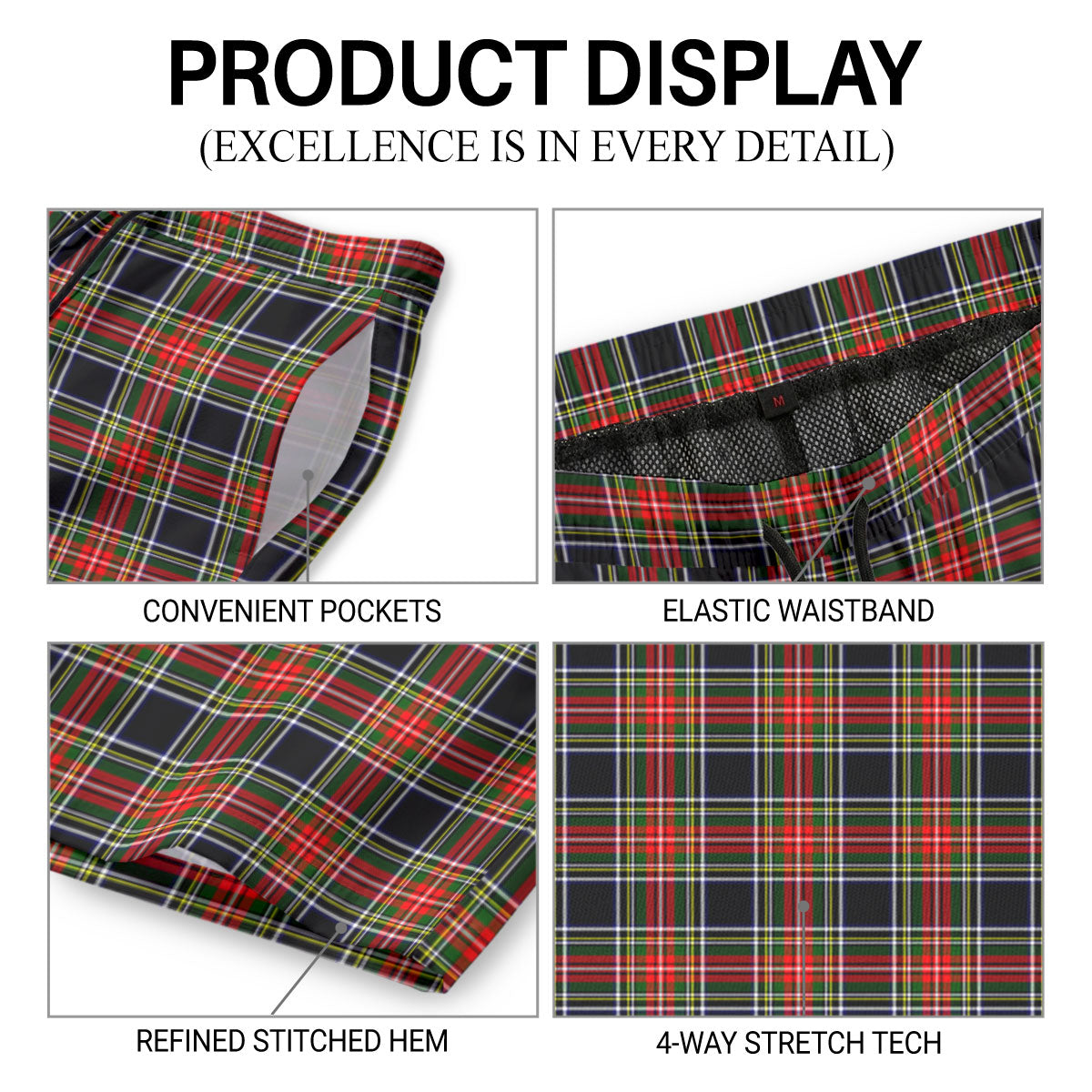 Stewart Black Tartan Crest Men's Beach Shorts
