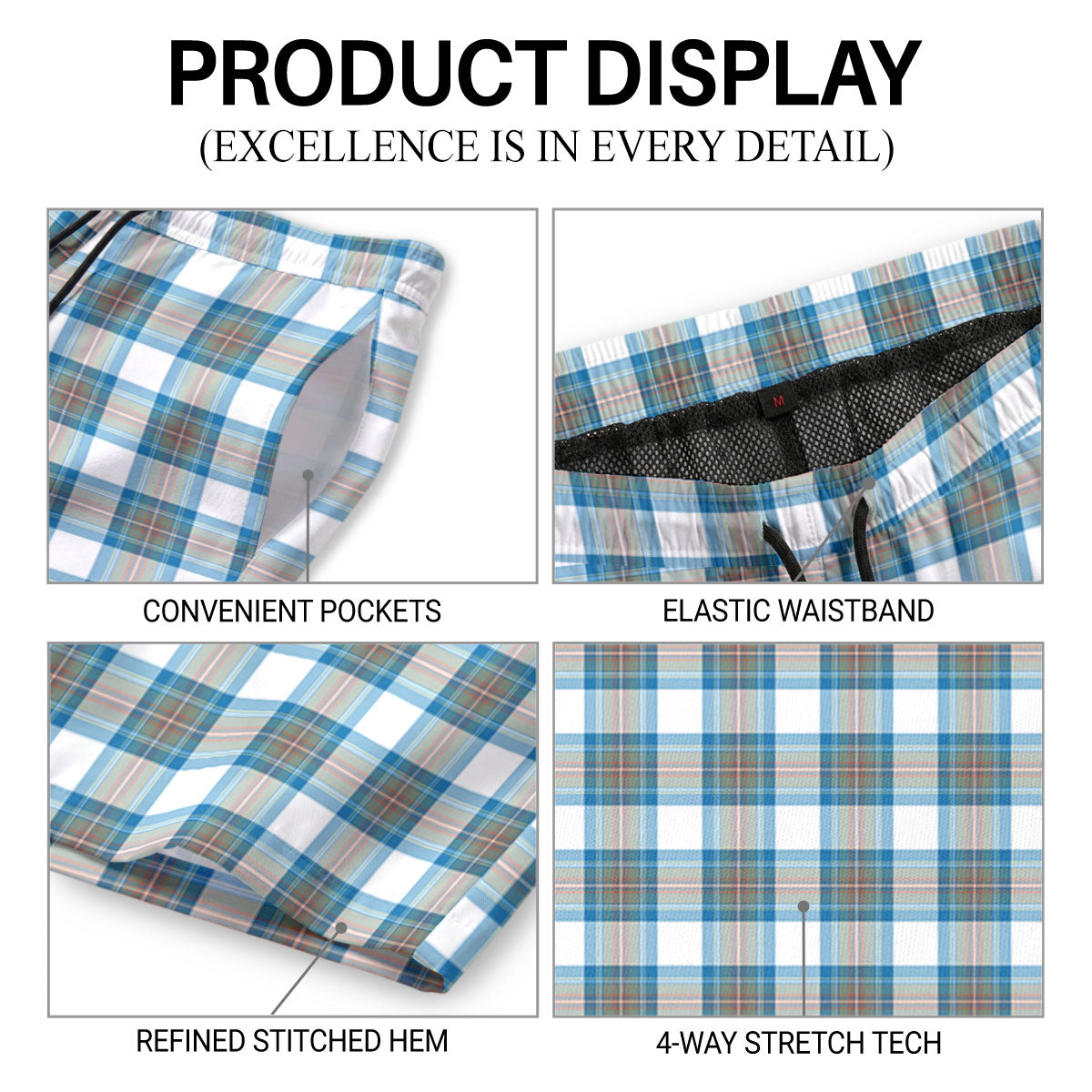 Stewart Muted Blue Tartan Crest Men's Beach Shorts