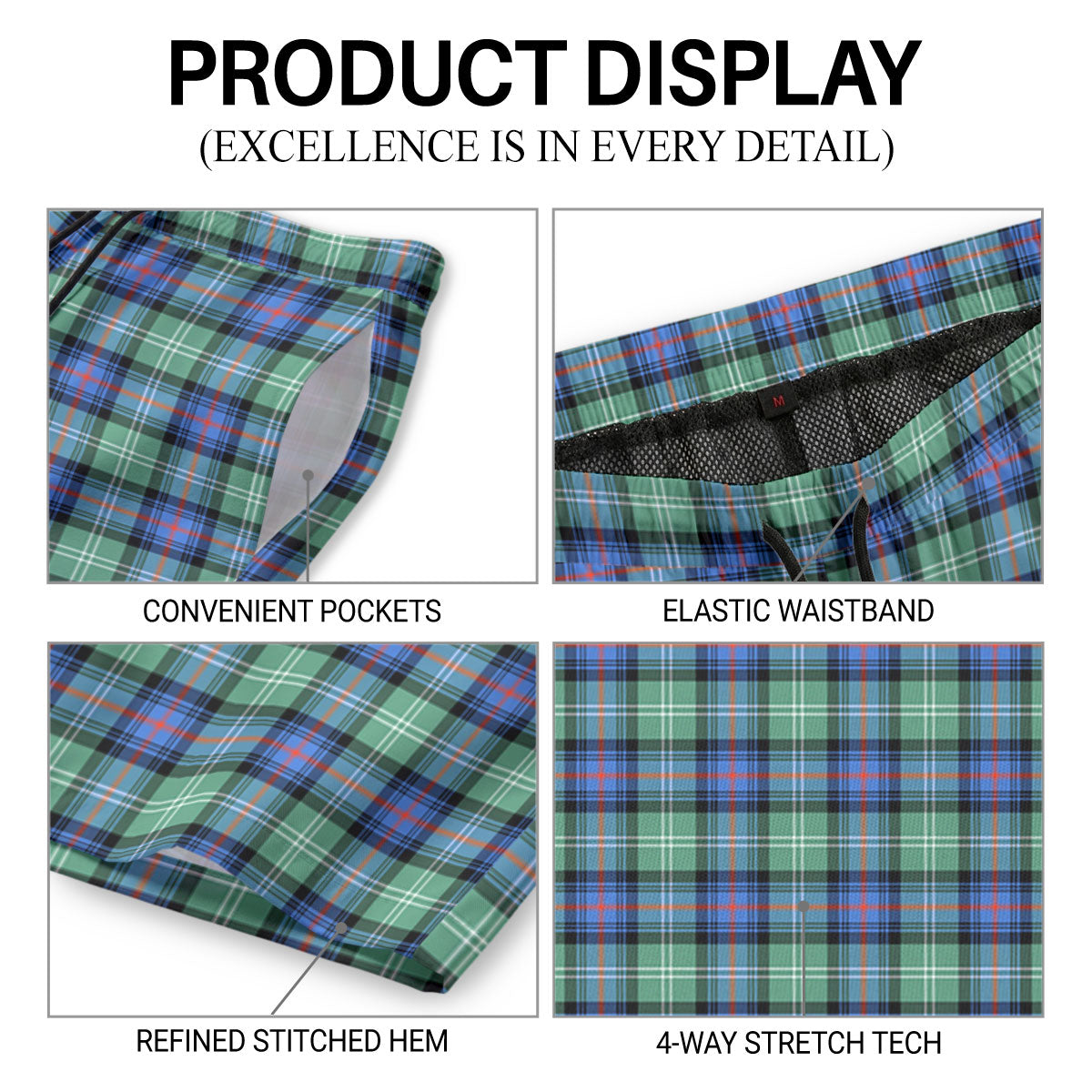 Sutherland Old Ancient Tartan Crest Men's Beach Shorts